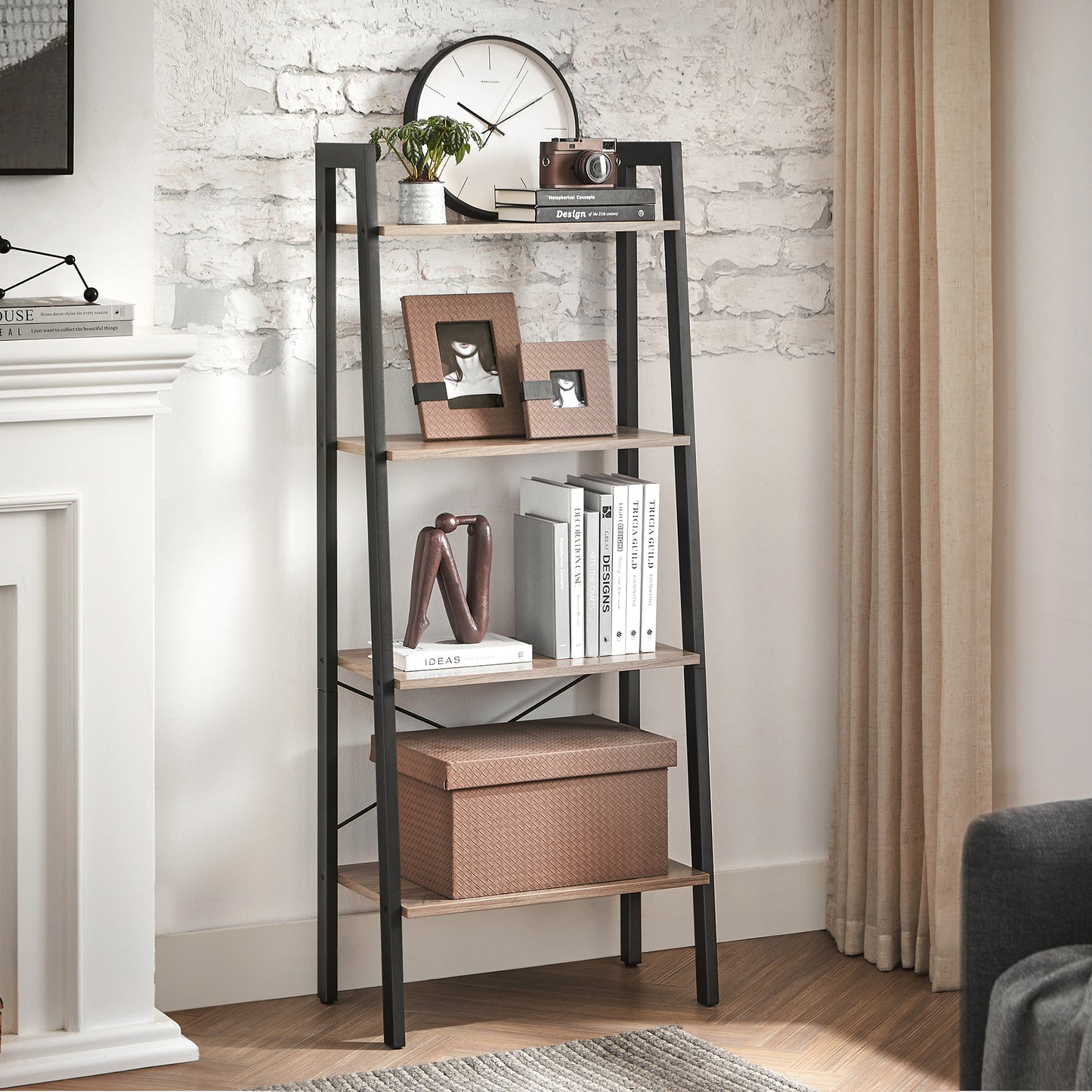 VASAGLE Ladder Shelf 4-Tier Bookshelf Storage Rack, Bookcase with Steel Frame for Living Room Home Office Kitchen Greige and Black