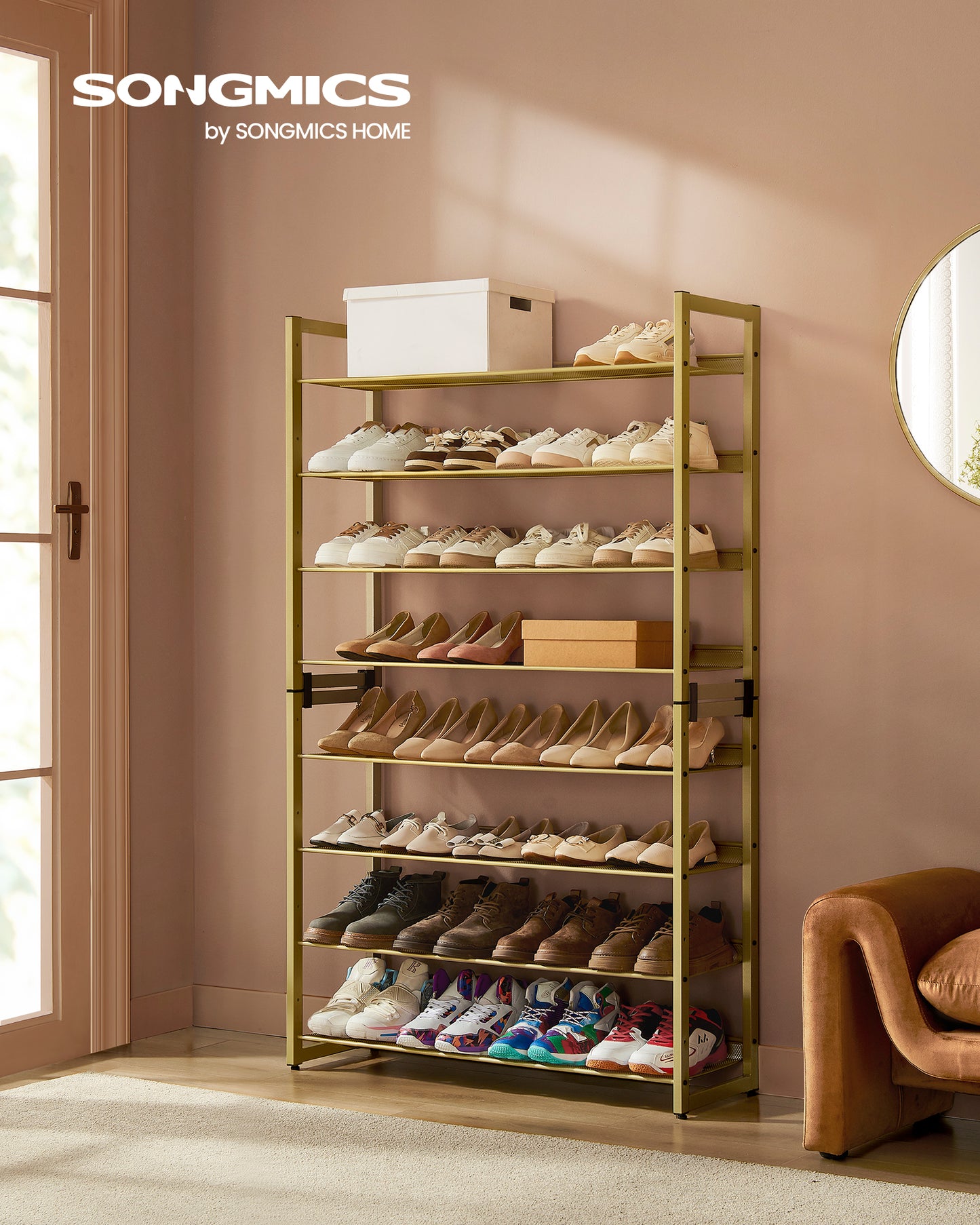 Set of 2 Pale Gold 8 - Tier Metal Shoe Racks. For garage use, with 4 - Tier stackable shelves, adjustable flat/angled. Holds 32 - 40 pairs.