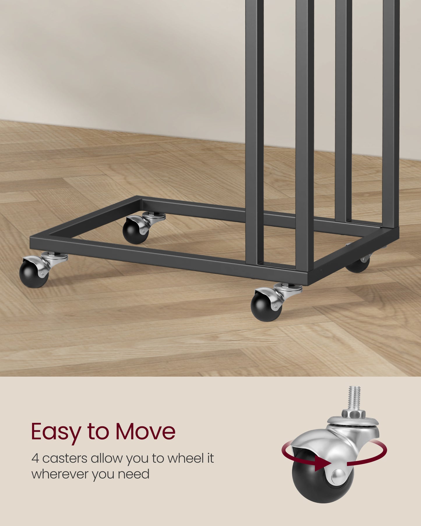 End Table, C Shaped TV Tray with Metal Frame Rolling Casters for Coffee Laptop Mobile Tablet, Industrial Side Table for Living Room Bedroom, 19.7 x 13.8 x 23.6 Inches, Ebony Black