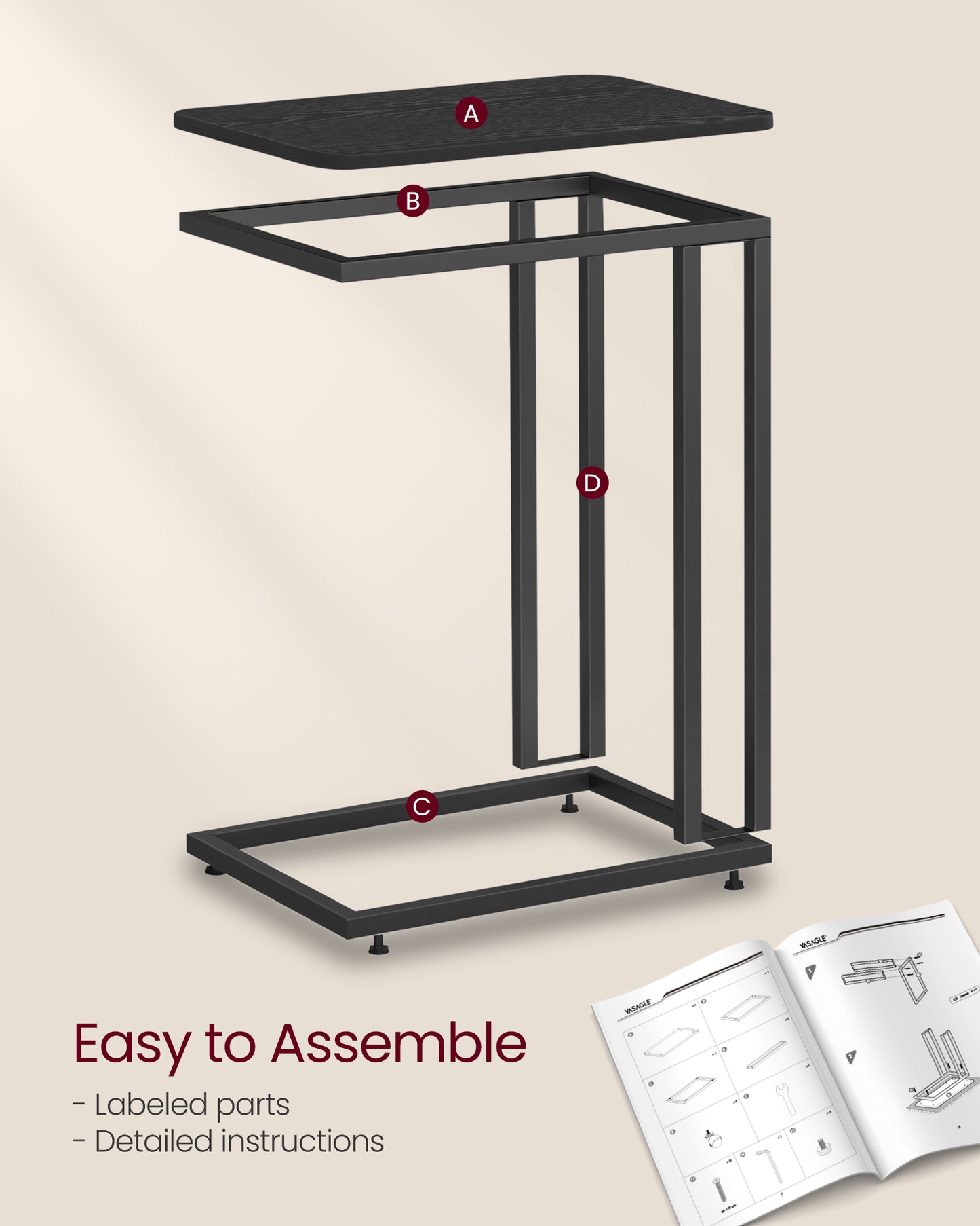 End Table, C Shaped TV Tray with Metal Frame Rolling Casters for Coffee Laptop Mobile Tablet, Industrial Side Table for Living Room Bedroom, 19.7 x 13.8 x 23.6 Inches, Ebony Black