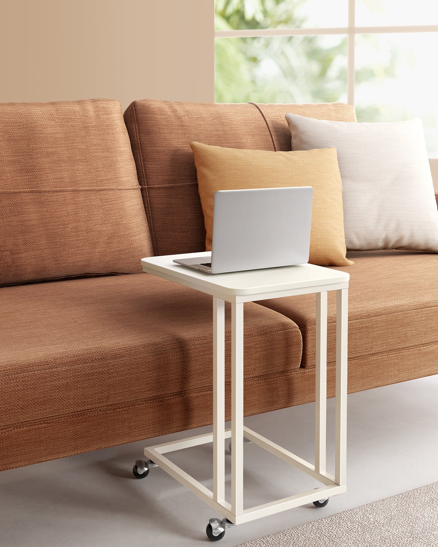 End Table, C Shaped TV Tray with Metal Frame Rolling Casters for Coffee Laptop Mobile Tablet, Industrial Side Table for Living Room Bedroom, 19.7 x 13.8 x 23.6 Inches, Cream White