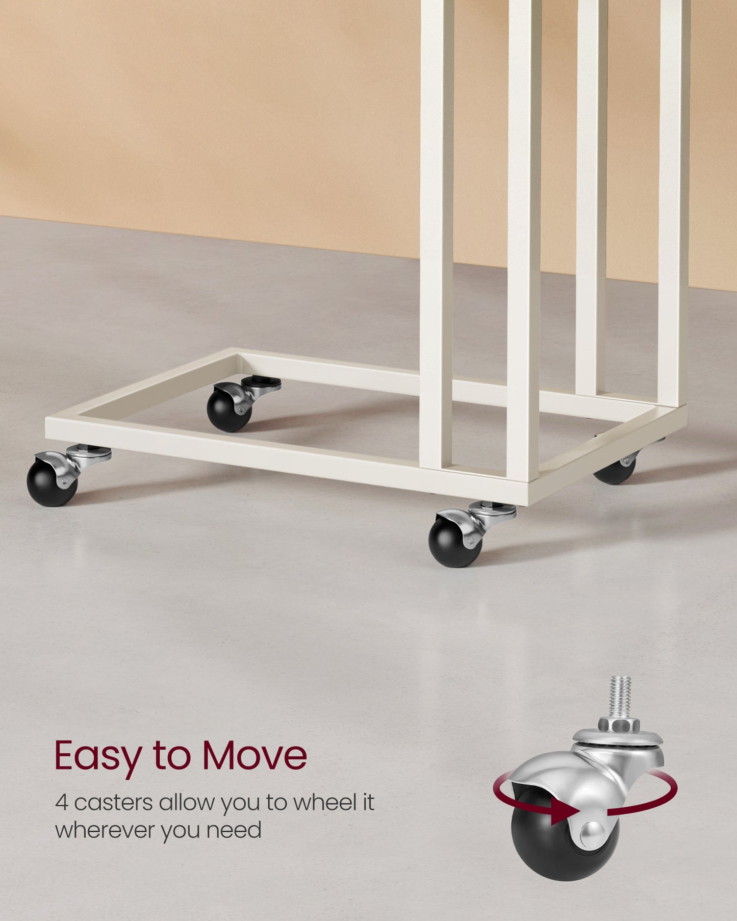 End Table, C Shaped TV Tray with Metal Frame Rolling Casters for Coffee Laptop Mobile Tablet, Industrial Side Table for Living Room Bedroom, 19.7 x 13.8 x 23.6 Inches, Cream White