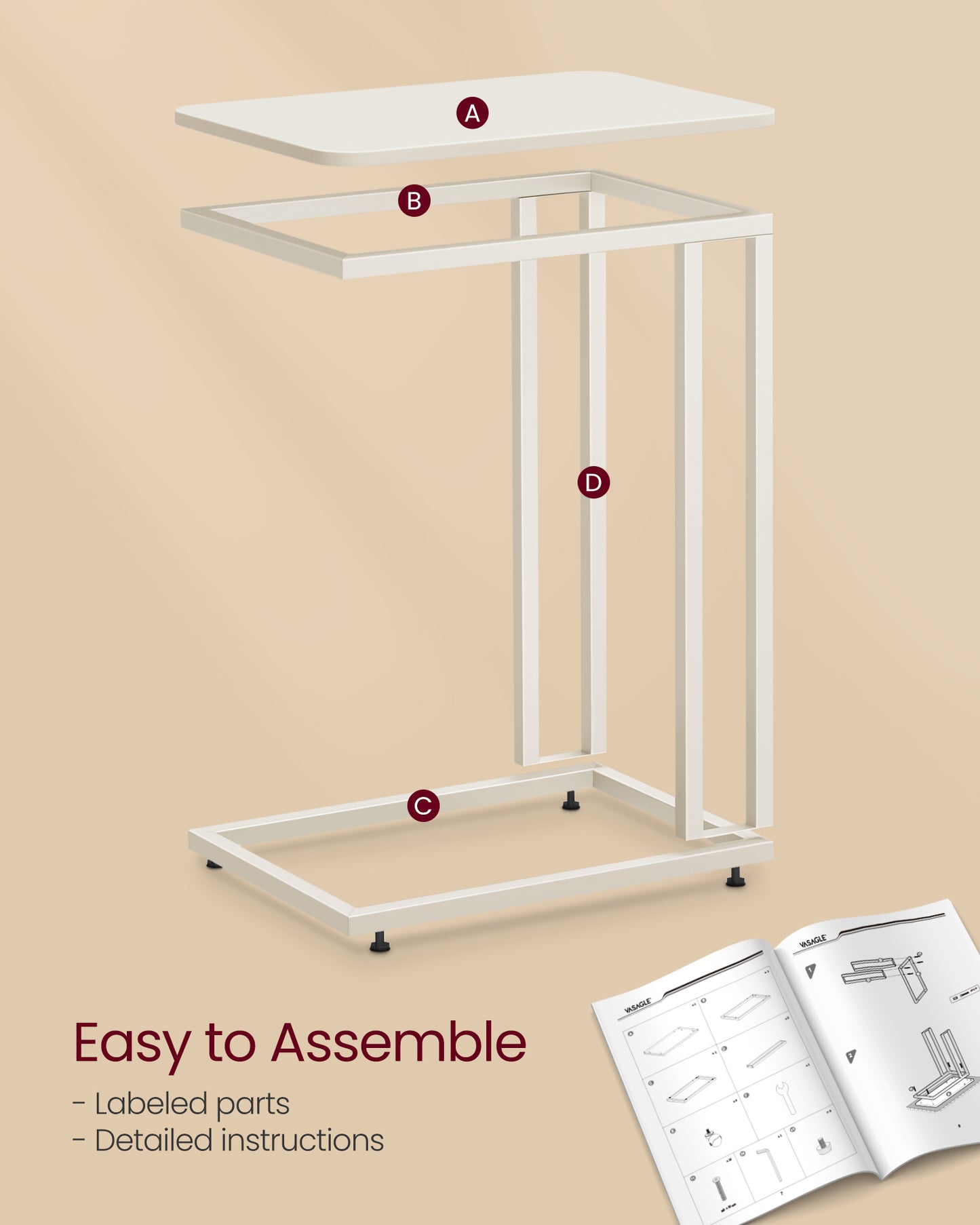 End Table, C Shaped TV Tray with Metal Frame Rolling Casters for Coffee Laptop Mobile Tablet, Industrial Side Table for Living Room Bedroom, 19.7 x 13.8 x 23.6 Inches, Cream White
