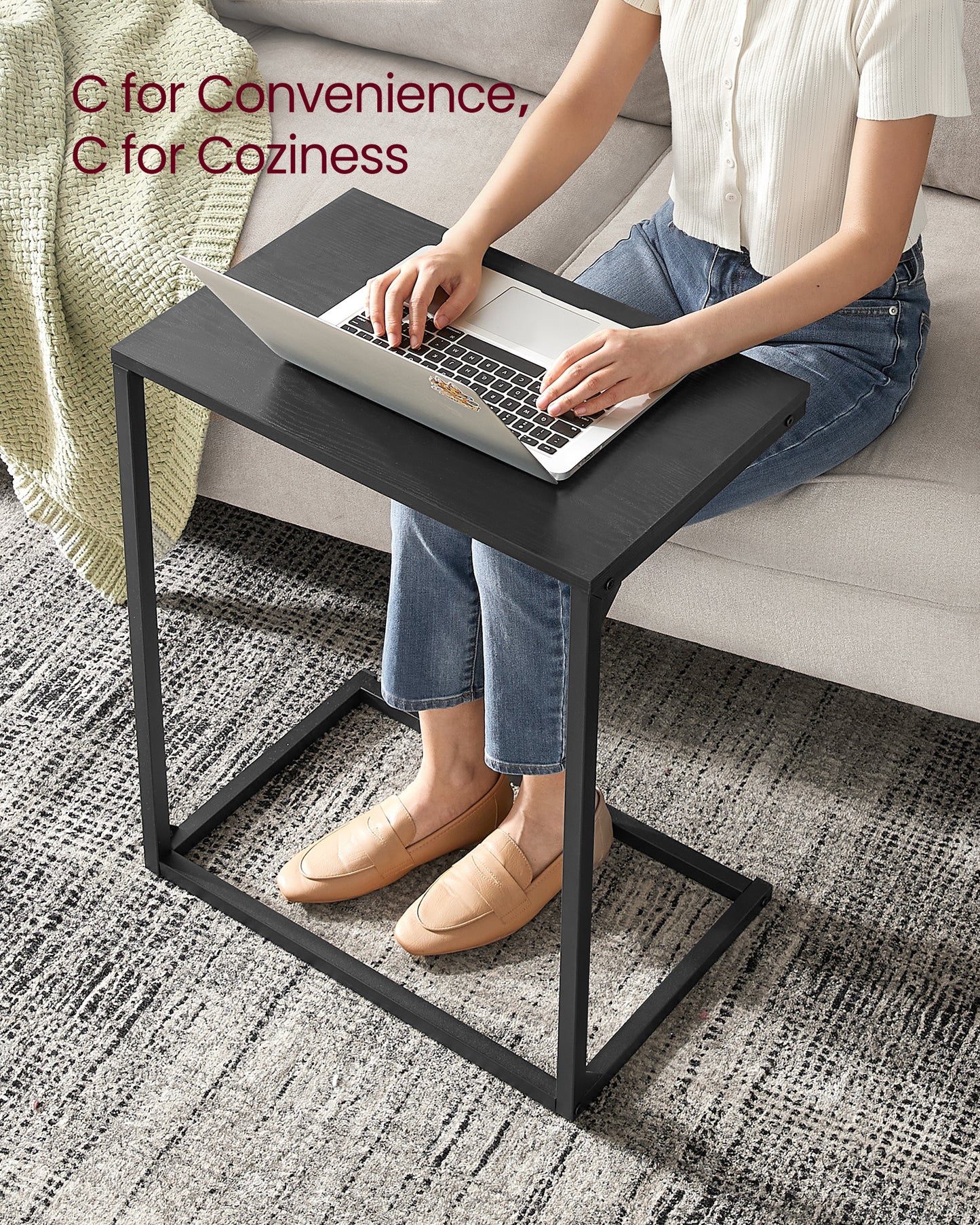 C Shape End Table, Small Coffee Table For Couch Or Sofa, Industrial Side Table In Living Room, Bedroom, 13.8 x 21.7 x 26 Inches, Ebony Black