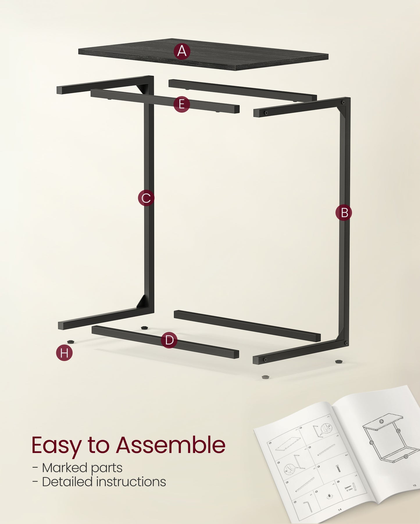 C Shape End Table, Small Coffee Table For Couch Or Sofa, Industrial Side Table In Living Room, Bedroom, 13.8 x 21.7 x 26 Inches, Ebony Black