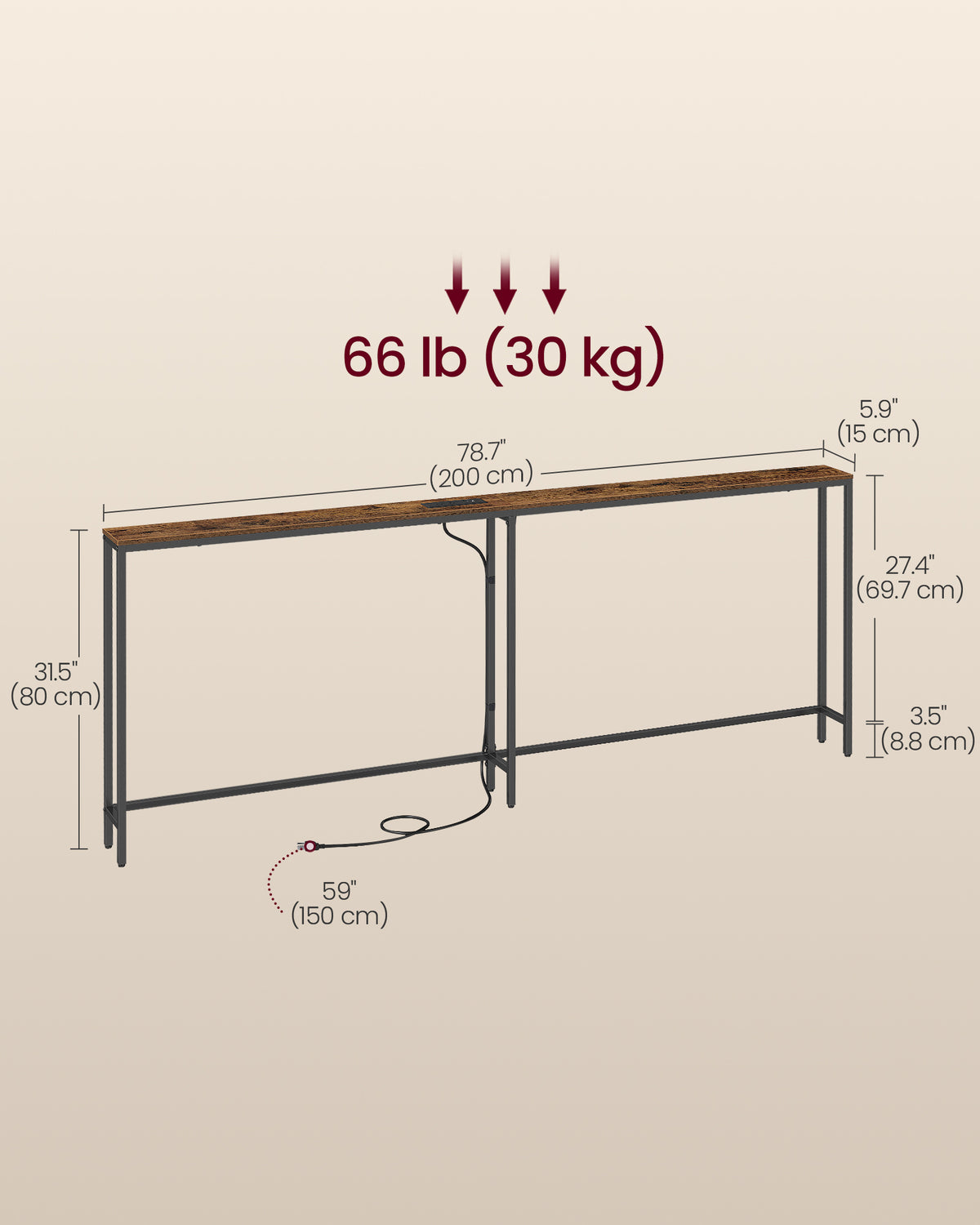 VASAGLE Narrow Console Table with Power Outlet, Behind Couch Sofa Tables, Easy Assembly, for Entryway, Living Room, 5.9 x 78.7 x 31.5 inches, Rustic Brown and Ink Black , BARNET Collection