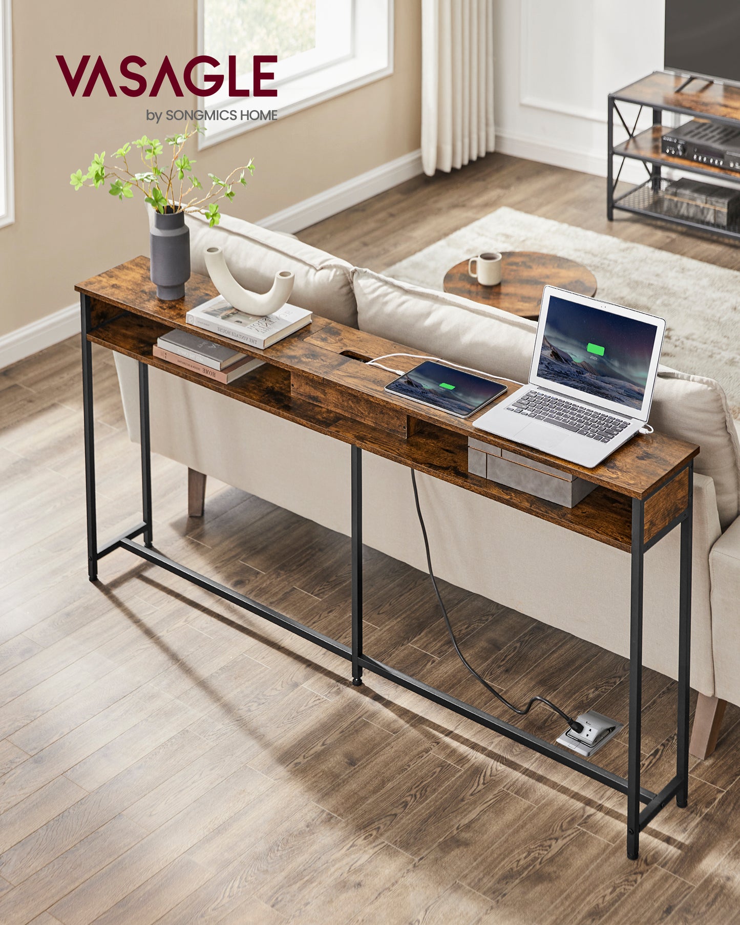 55.1" Console Table in Rustic Brown & Ink Black - Charging Station Included. Slim Design for Hallway, Behind - Couch or Entryway in Living Room