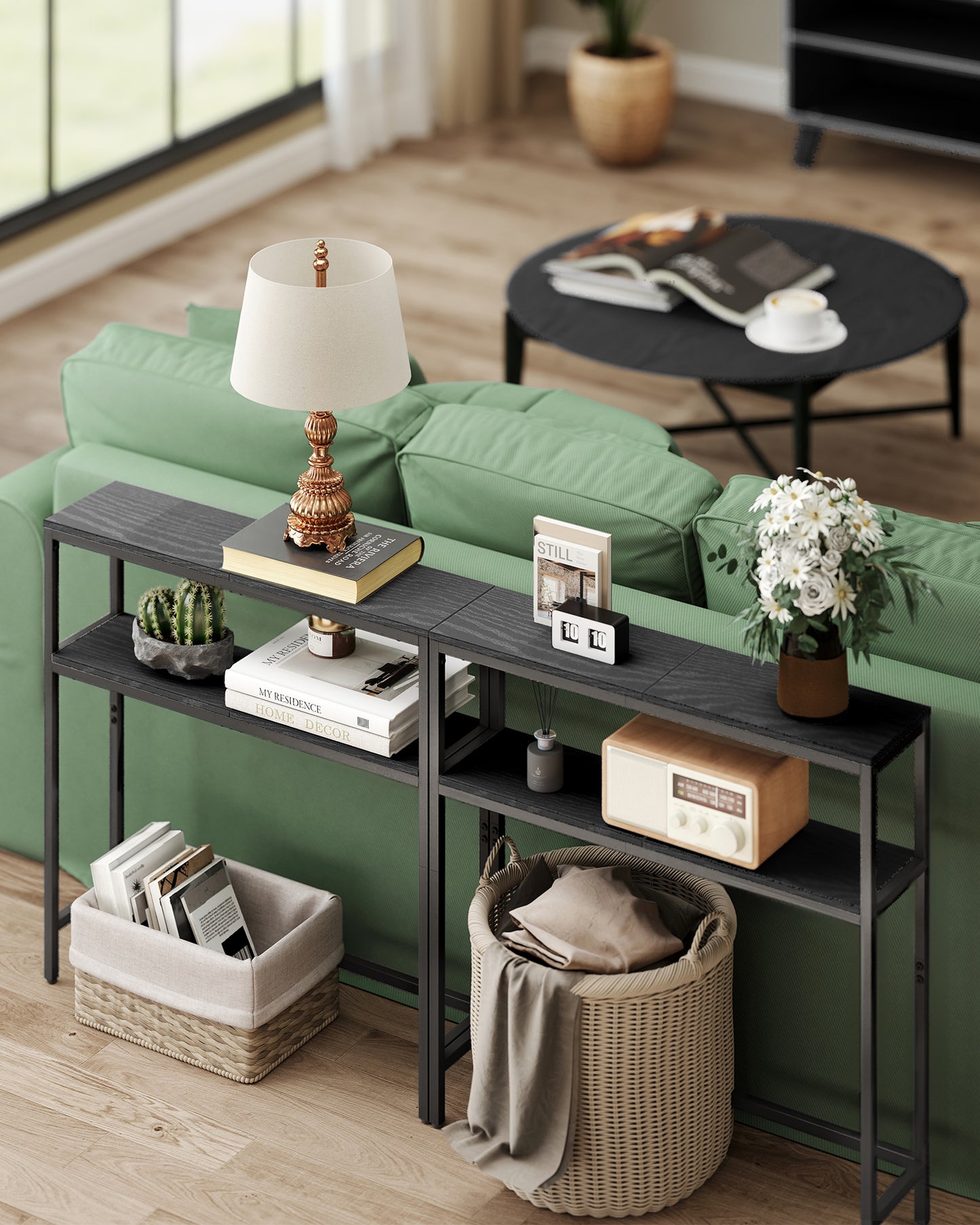 LEDREM Modern 2-Tier Console Table, Narrow Sofa Table with Dual Shelves, Entryway Table, Sturdy Steel Frame, Ink Black