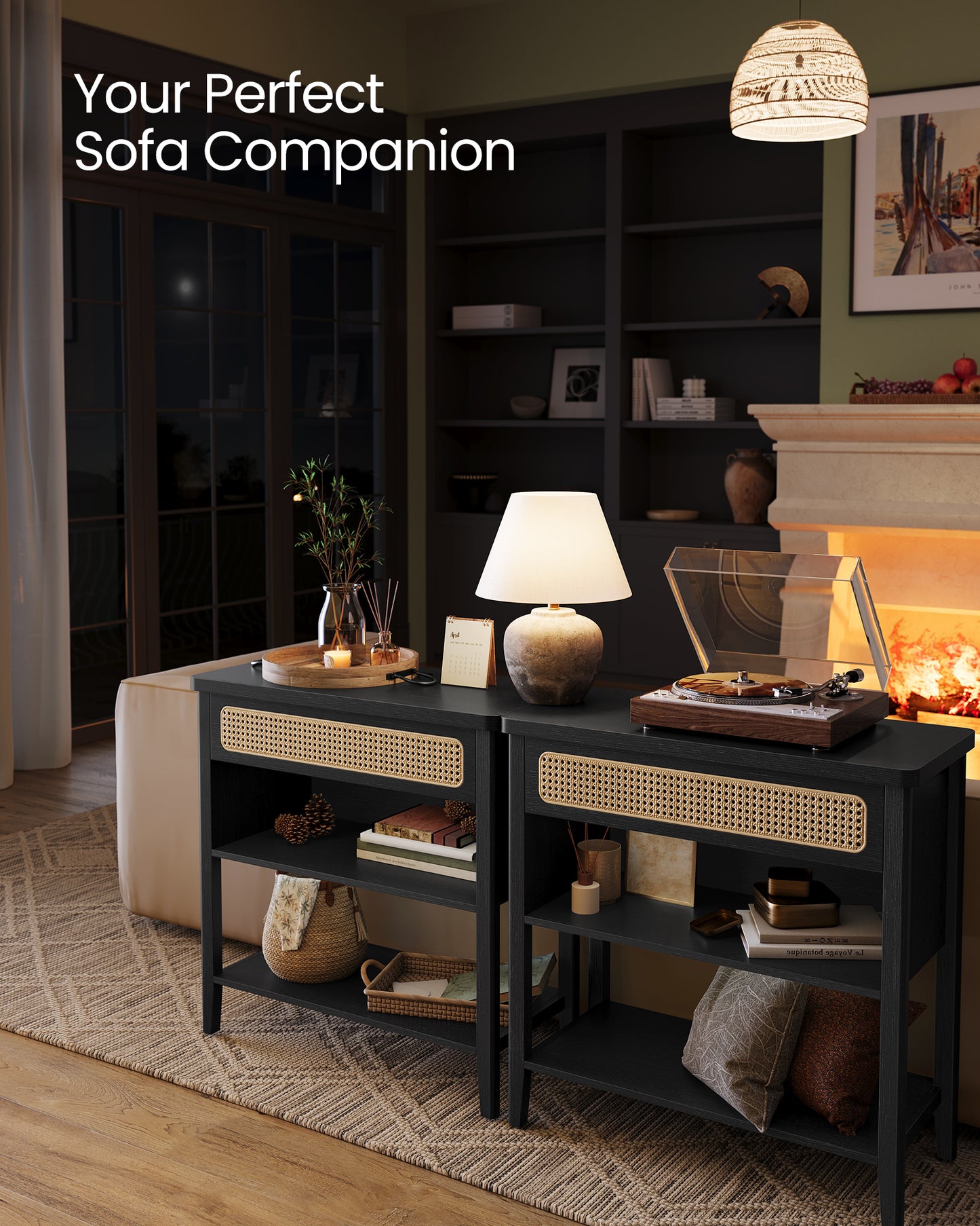 Console Table with Power Outlets, Entryway Table with Storage Shelf, Sofa Table with Drawer, Open Compartment, Rounded Corners, for Living Room, Boho Style, Ash Black