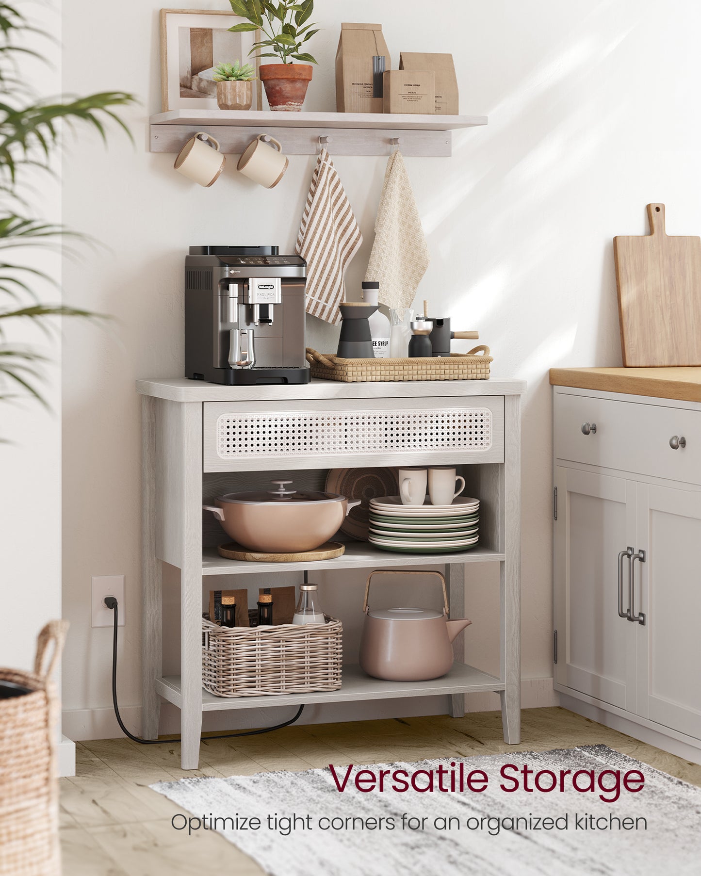 Console Table with Power Outlets, Entryway Table with Storage Shelf, Sofa Table with Drawer, Open Compartment, Rounded Corners, for Living Room, Boho Style, Oatmeal Beige