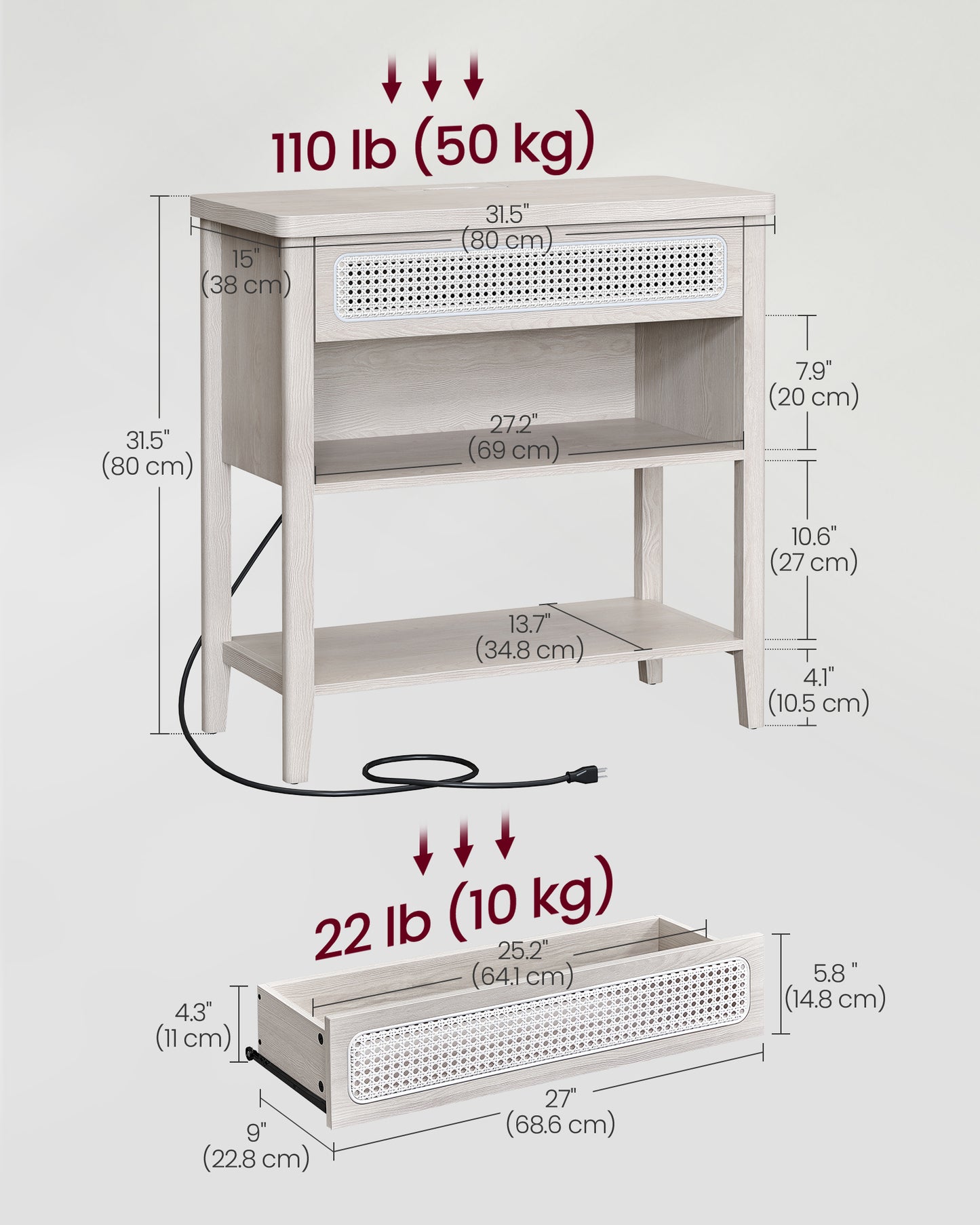 Console Table with Power Outlets, Entryway Table with Storage Shelf, Sofa Table with Drawer, Open Compartment, Rounded Corners, for Living Room, Boho Style, Oatmeal Beige