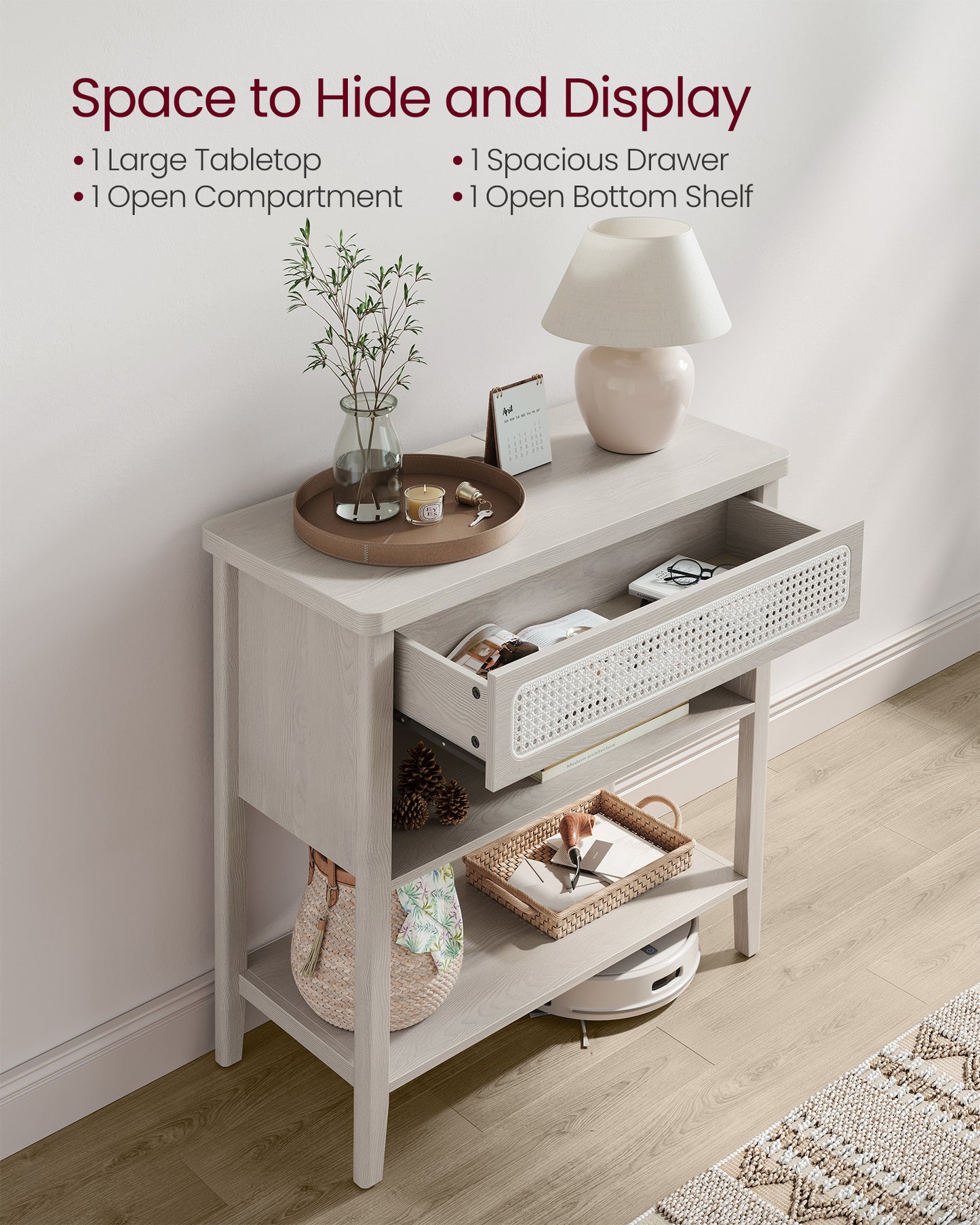 Console Table with Power Outlets, Entryway Table with Storage Shelf, Sofa Table with Drawer, Open Compartment, Rounded Corners, for Living Room, Boho Style, Oatmeal Beige