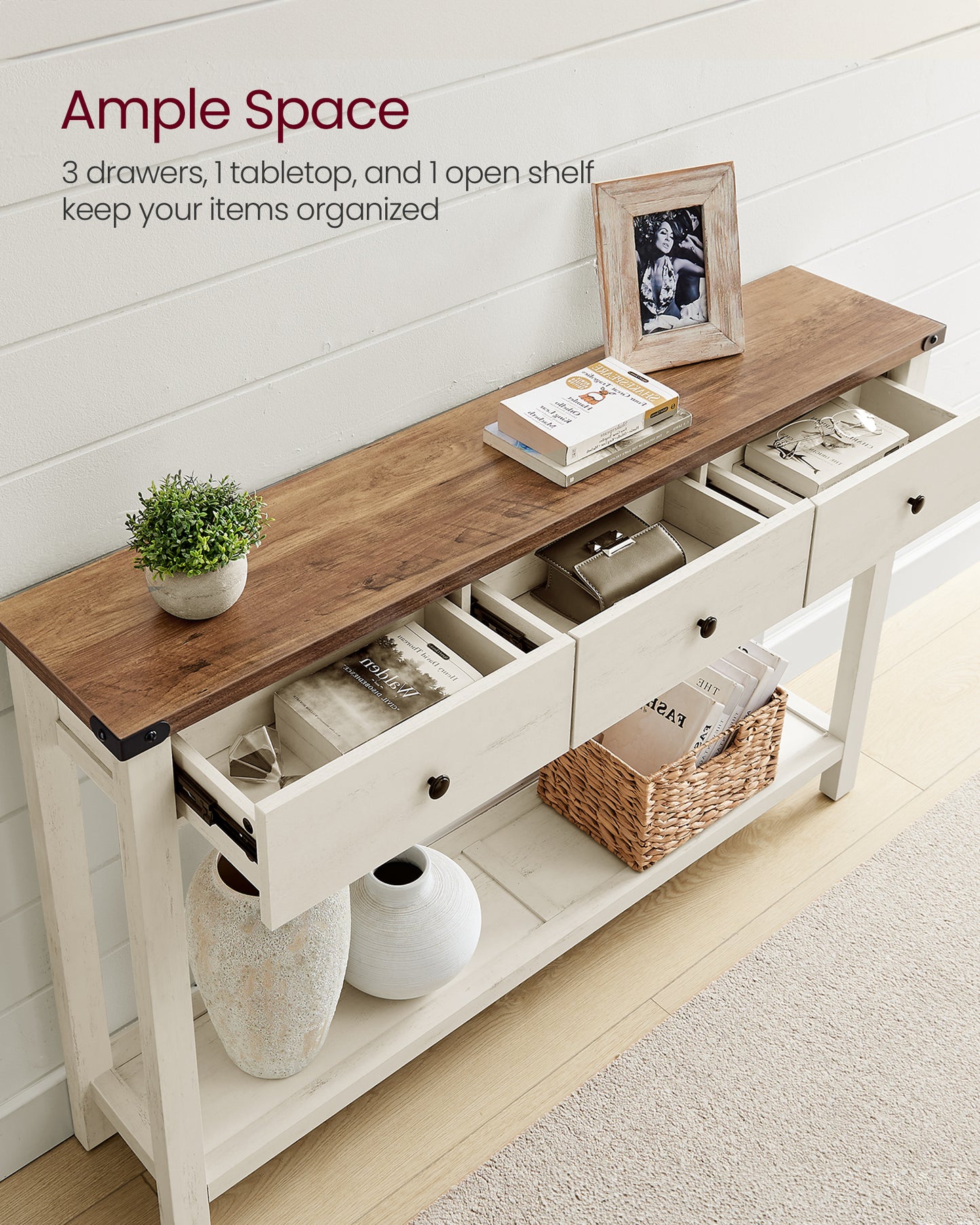 Console Sofa Table, Narrow Entryway Table with 3 Drawers, Open Storage Shelf, Metal Corners, for Living Room, Farmhouse Style, Honey Brown and Rustic White