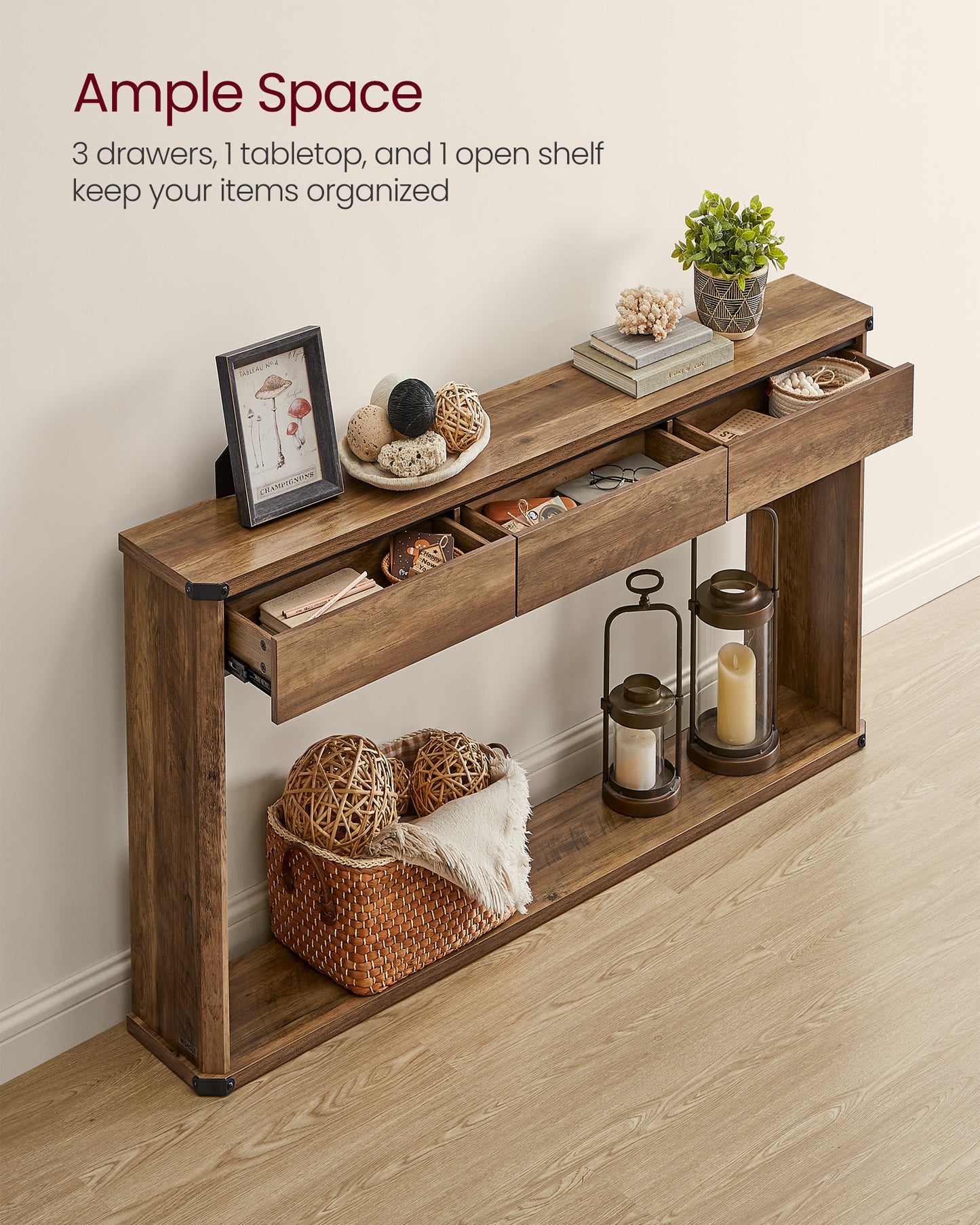 Console Table, 47.2 Inches Sofa Table, Narrow Entryway with 3 Drawers, Bottom Shelf, Metal Corners, for Living Room, Bedroom, Farmhouse Style, Honey Brown