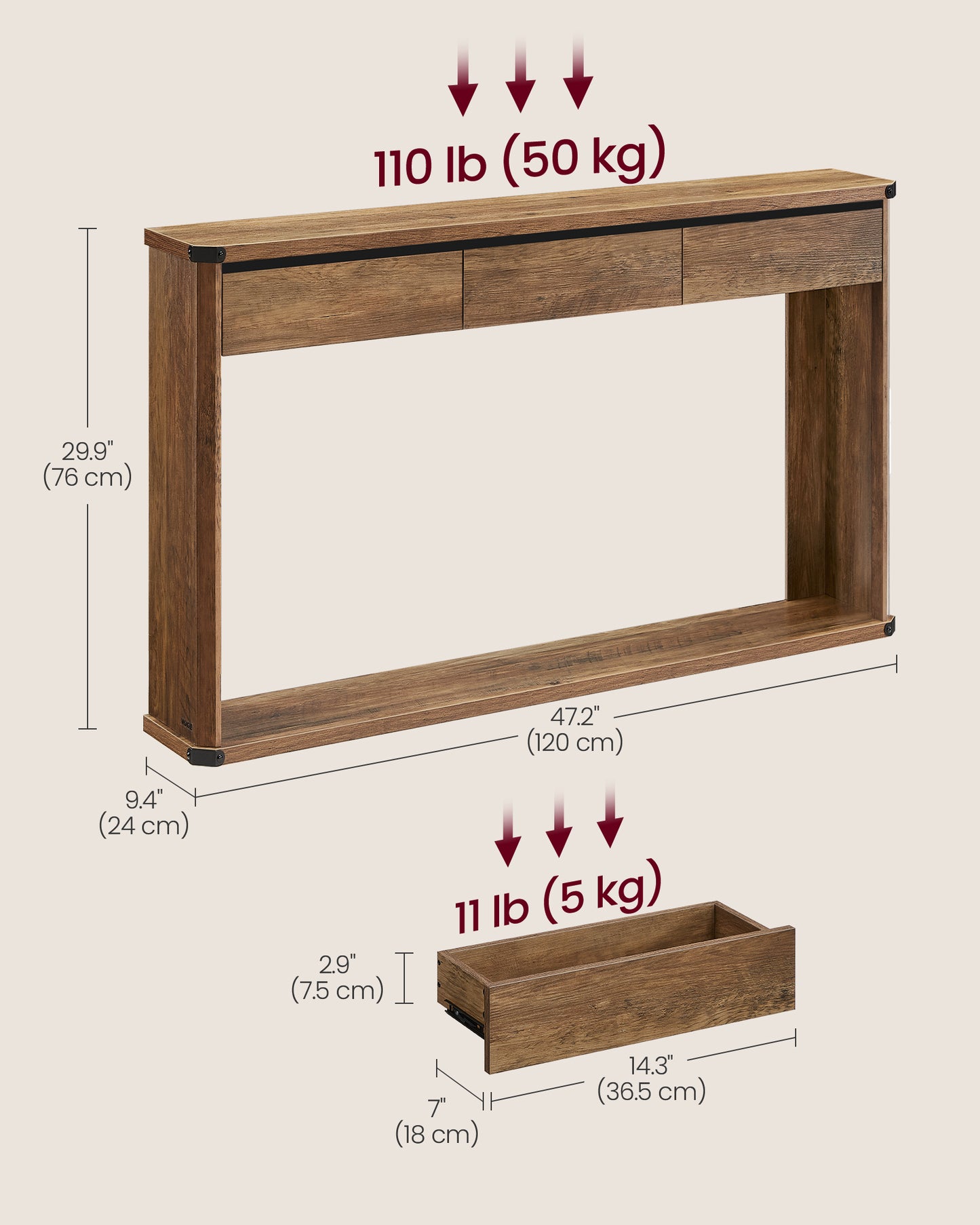 Console Table, 47.2 Inches Sofa Table, Narrow Entryway with 3 Drawers, Bottom Shelf, Metal Corners, for Living Room, Bedroom, Farmhouse Style, Honey Brown