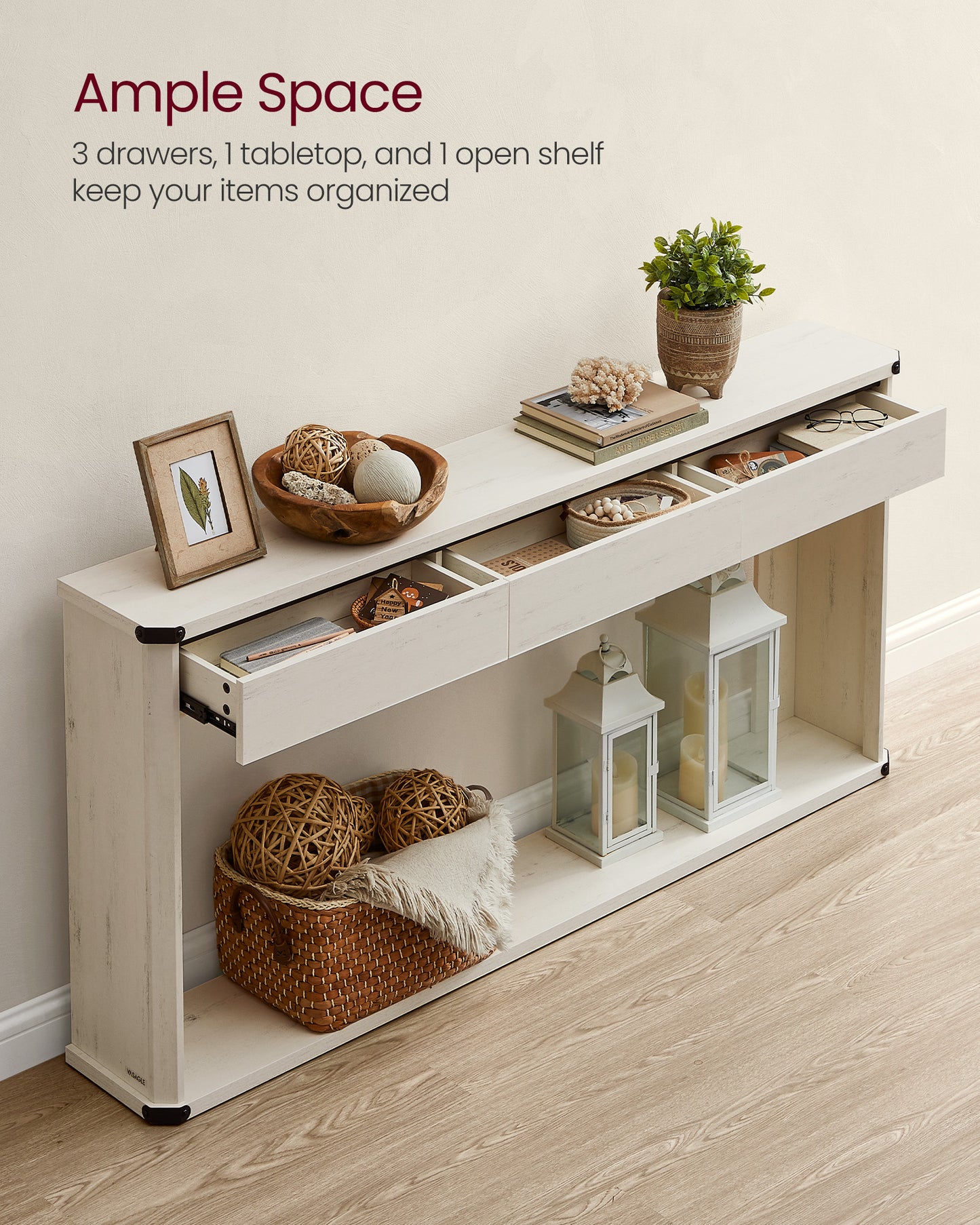 Console Table, 47.2 Inches Sofa Table, Narrow Entryway Table, Entry Table with 3 Drawers, Bottom Shelf, Metal Corners, for Living Room, Bedroom, Farmhouse Style, Rustic White
