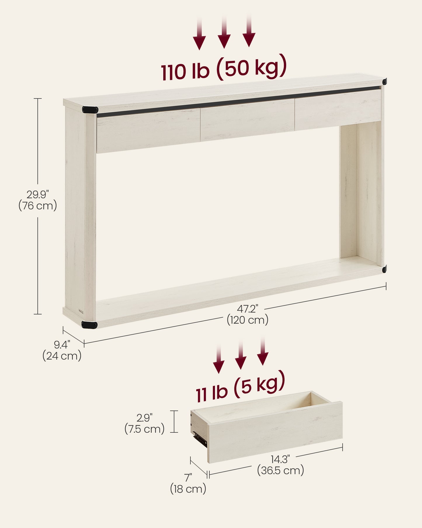 Console Table, 47.2 Inches Sofa Table, Narrow Entryway Table, Entry Table with 3 Drawers, Bottom Shelf, Metal Corners, for Living Room, Bedroom, Farmhouse Style, Rustic White