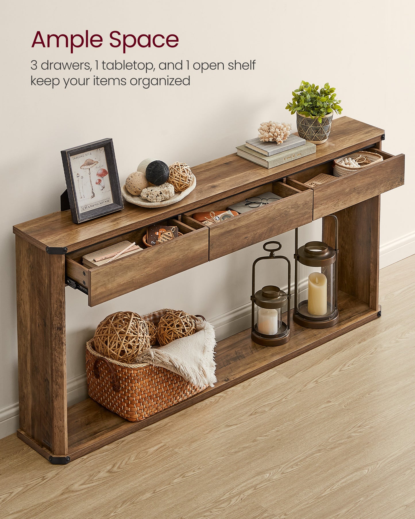 Console Table, 63 Inches Sofa Table, Narrow Entryway Table, Entry Table with 3 Drawers, Bottom Shelf, Metal Corners, for Living Room, Bedroom, Farmhouse Style, Honey Brown
