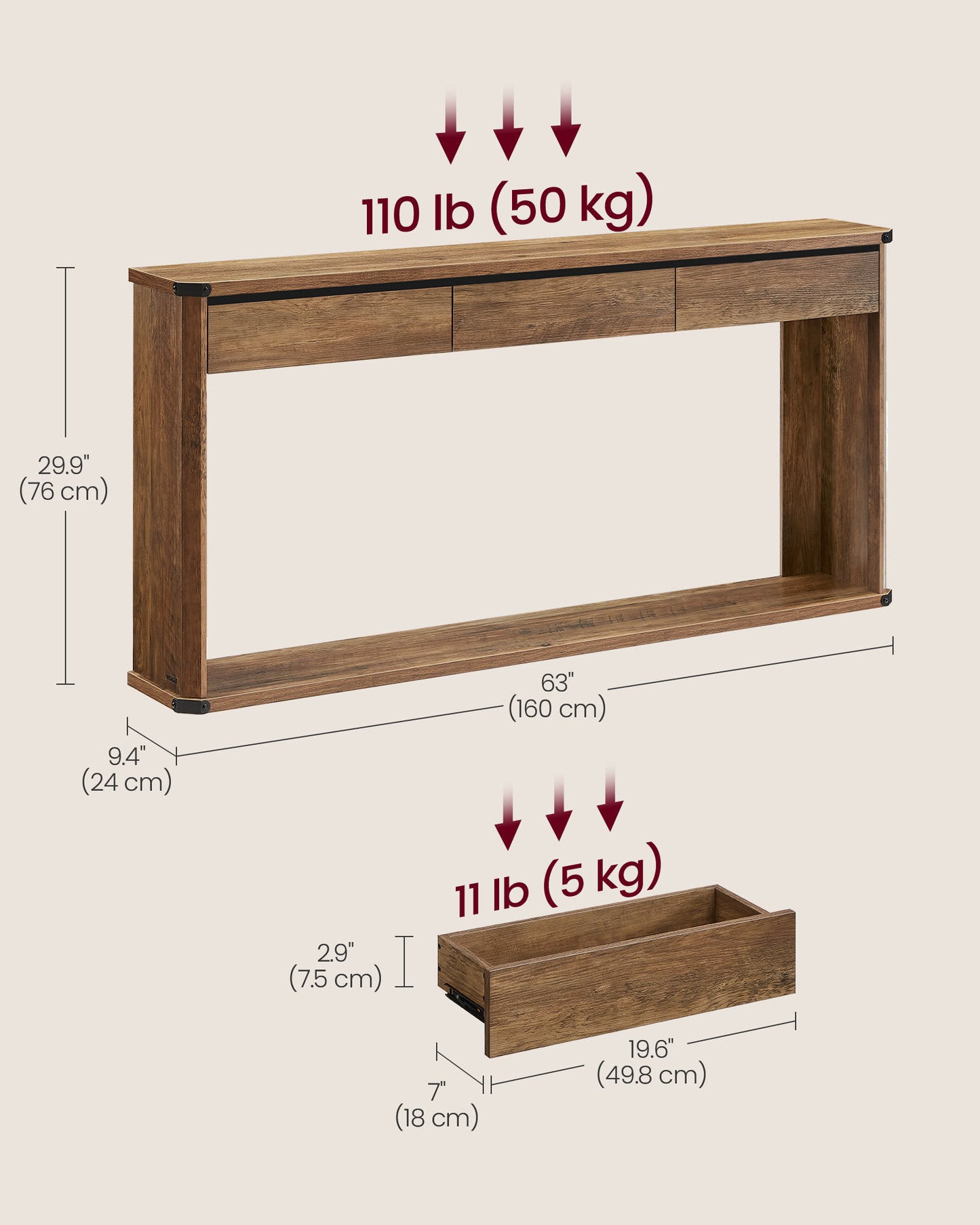 Console Table, 63 Inches Sofa Table, Narrow Entryway Table, Entry Table with 3 Drawers, Bottom Shelf, Metal Corners, for Living Room, Bedroom, Farmhouse Style, Honey Brown
