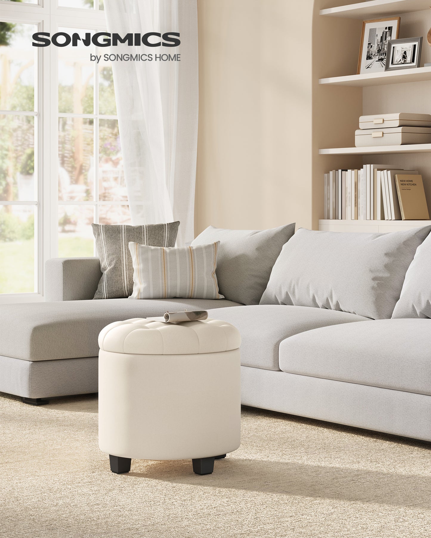 Round Storage Ottoman - 17.7" Foot Rest with Hidden Compartment, 330lb Capacity, Linen-Look Upholstery, Versatile for Living Room & Bedroom, Light Beige