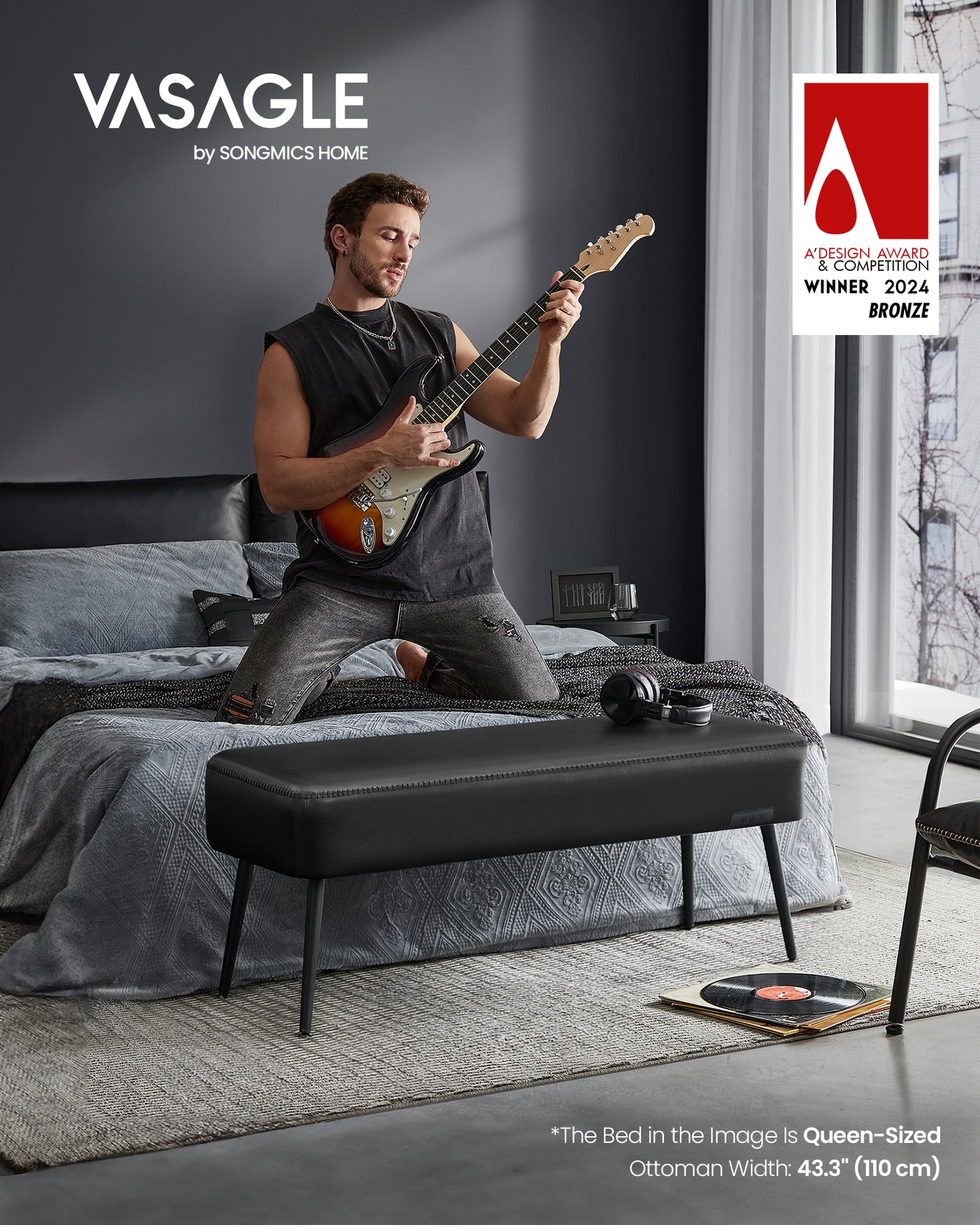 VASAGLE EKHO Collection - Bench for Entryway Bedroom Ottoman Bench Synthetic Leather for Living Room Ink Black