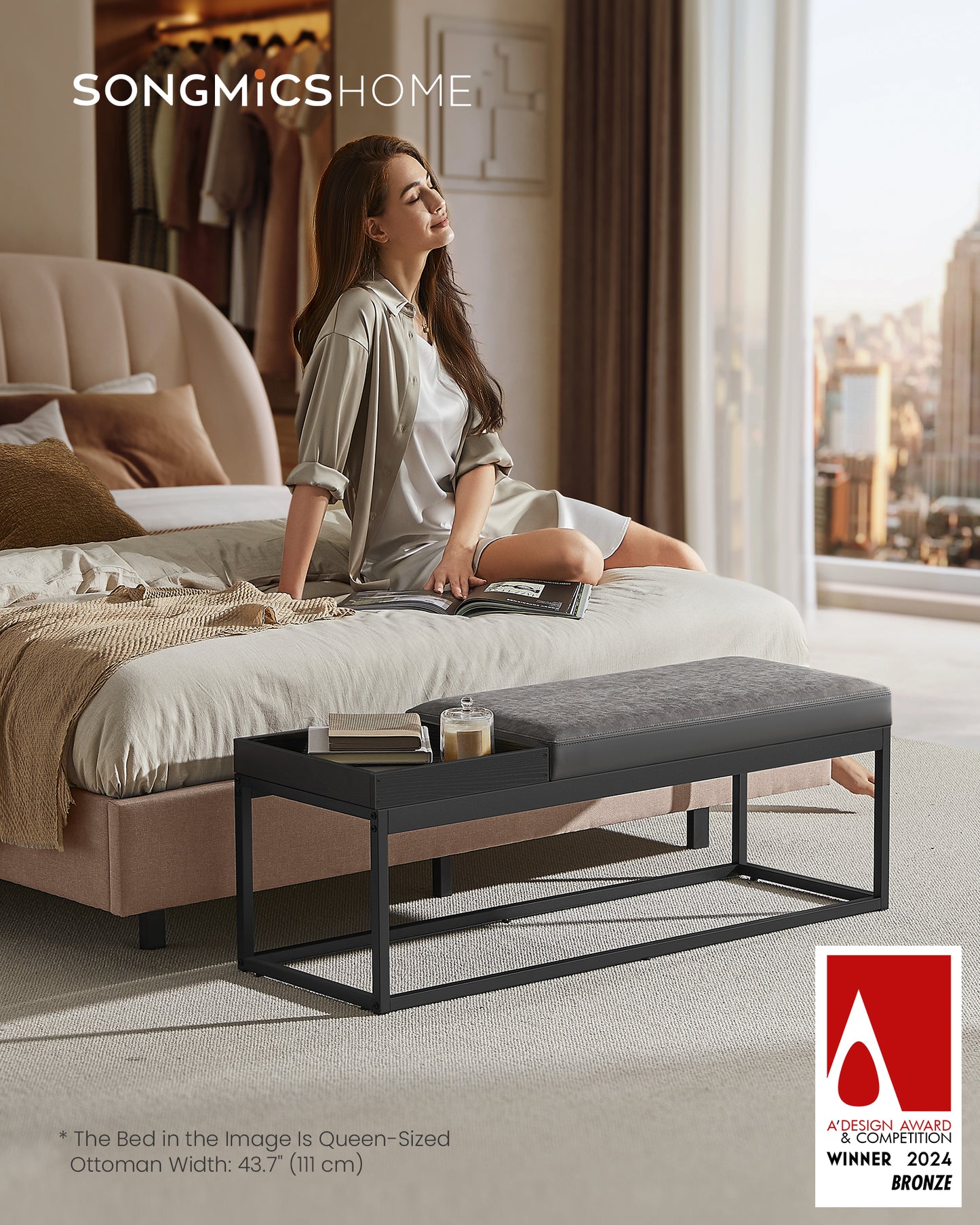 SONGMICS HOME LUIZ Collection - Ottoman Bench End of Bed Bench Reversible Top Shoe Bench with Tray Max. Load 660 lb Dove Gray