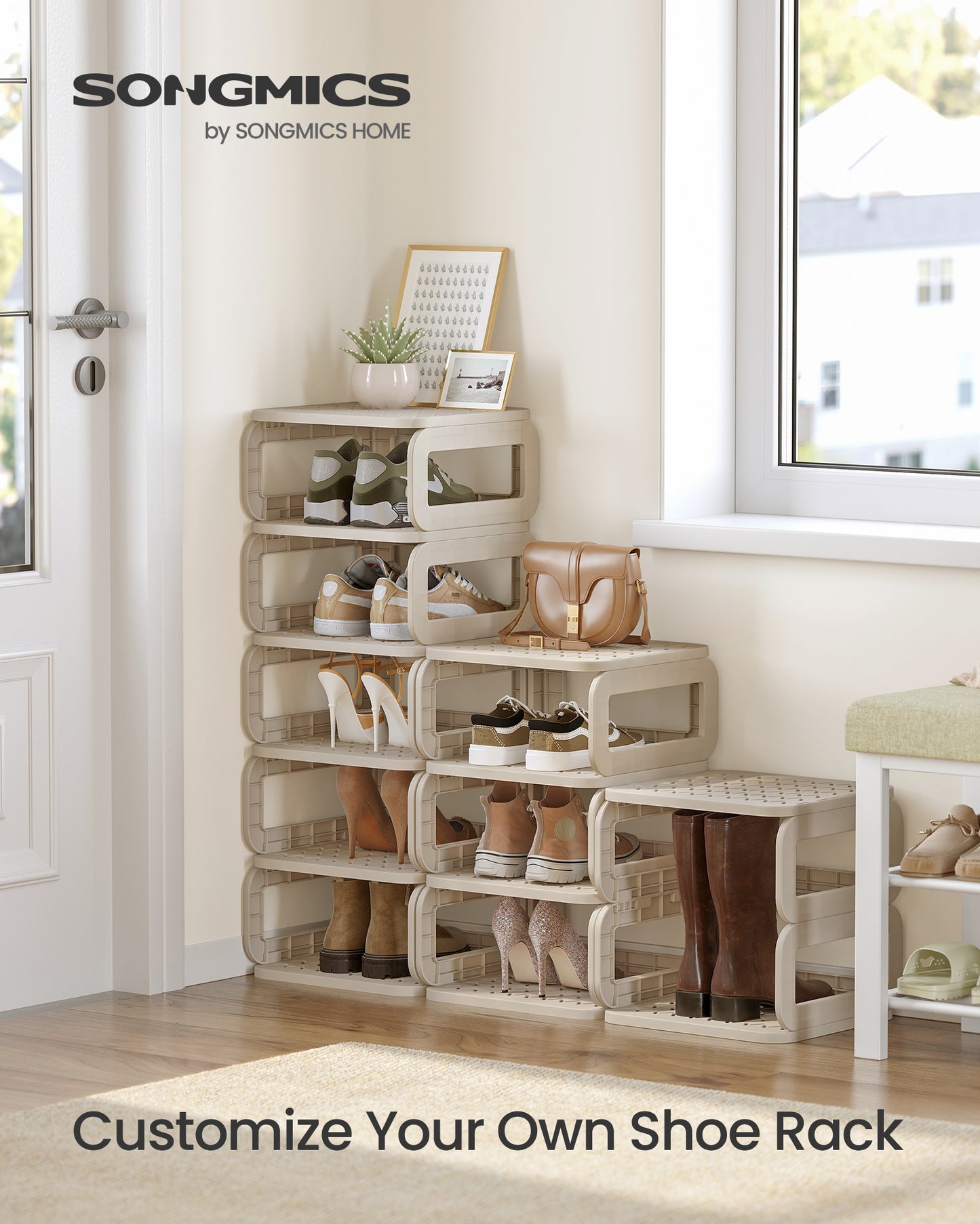 Shoe Rack, Shoe Organizer, 12 Shelves, Shoe Storage, Narrow Shoe Shelf, Open Shelf for Entryway, Living Room, Space-Saving, Cappuccino Beige