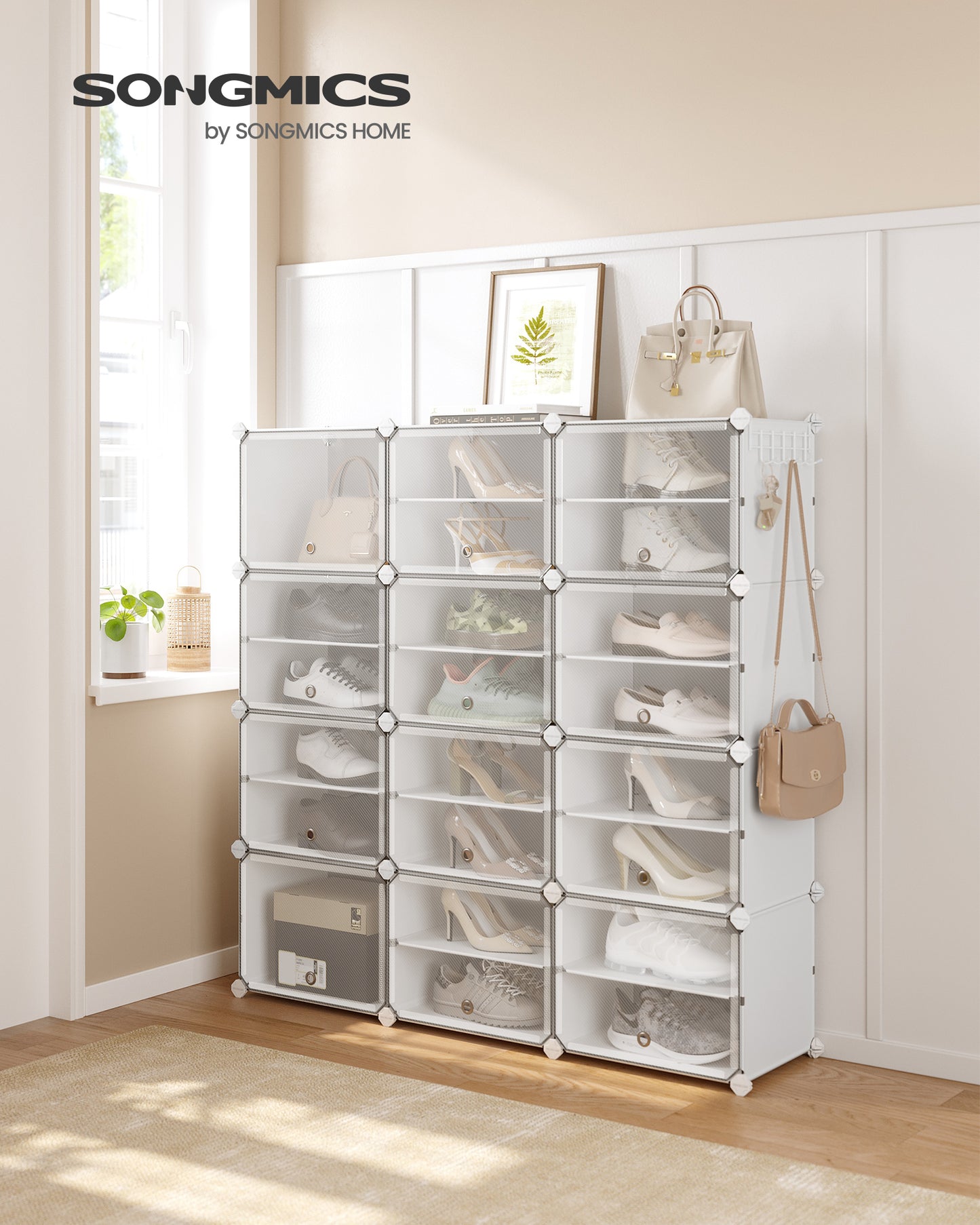 Shoe Rack, 12 Cubes Shoe Organizer with Doors, 48 Pair Plastic Shoe Storage Cabinet, for Bedroom, Entryway, Steel Frame, Plastic Panel