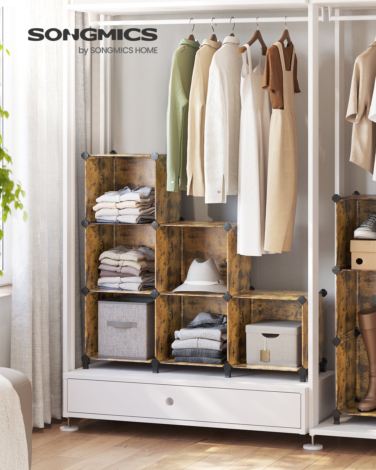 Modular 6-Cube Storage Shelf, DIY Closet Organizer with Adjustable Feet, 14.6x13x13 Inch Cubes, Rustic Brown, Includes Rubber Mallet
