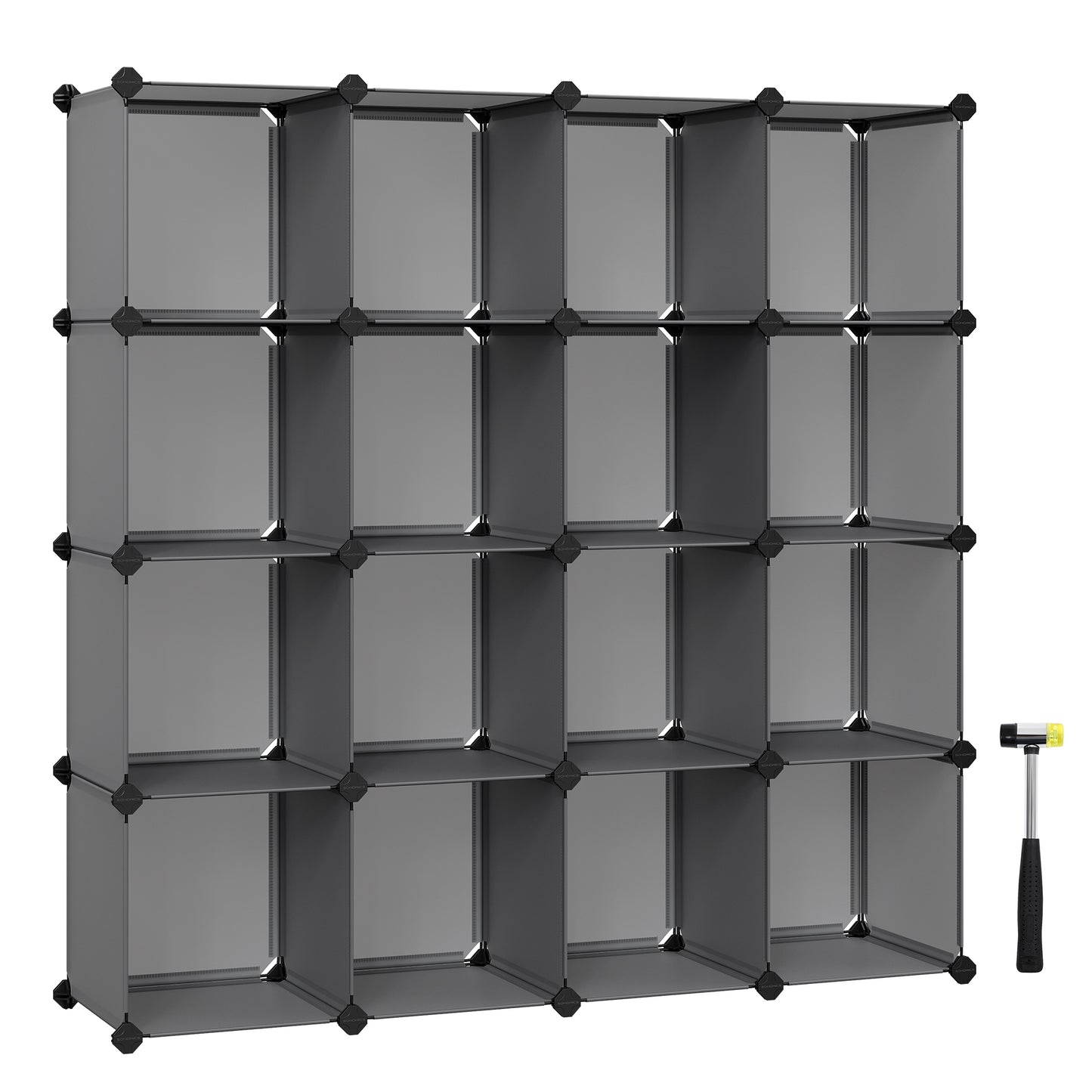 Gray Cube Storage Organizer Set of 16 Plastic Cubes. Functions as a Book Shelf and Closet Organizer. Sized 12.2 x 48.4 x 48.4 Inches