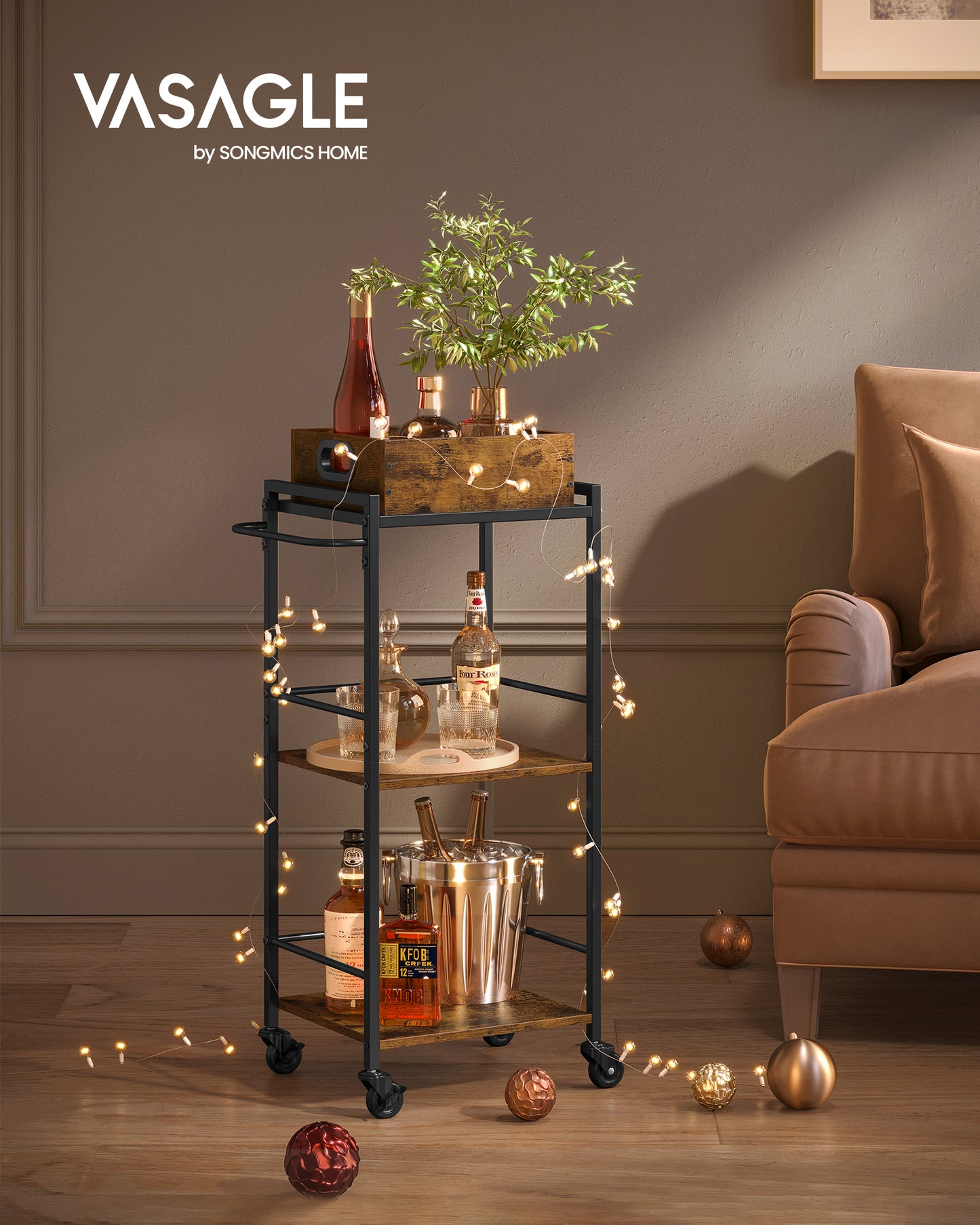 3-Tier Kitchen Serving Cart with Removable Tray, 11.8" x 13.7" x 33.9", Rustic Brown & Black, Wheels with Brakes & Leveling Feet.