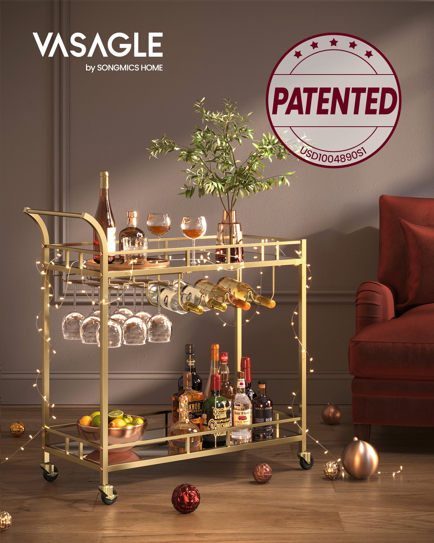 Bar Cart, Home Bar Serving Wine Cart with 2 Mirrored Shelves, Home Bar Serving Cart
