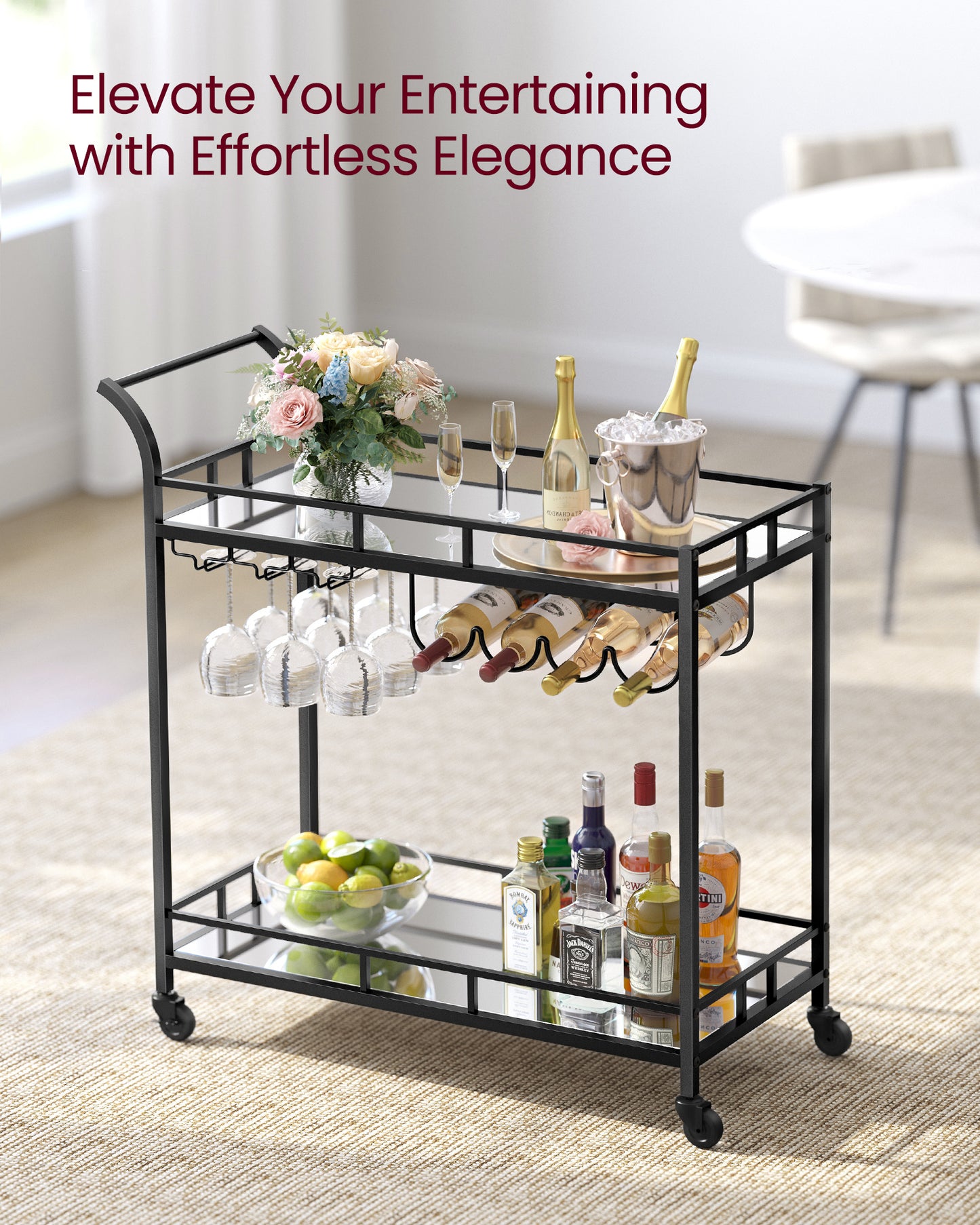 Bar Cart Black, Home Bar Serving Cart, Wine Cart with 2 Mirrored Shelves, Wine Holders, Glass Holders, for Kitchen, Dining Room, Black