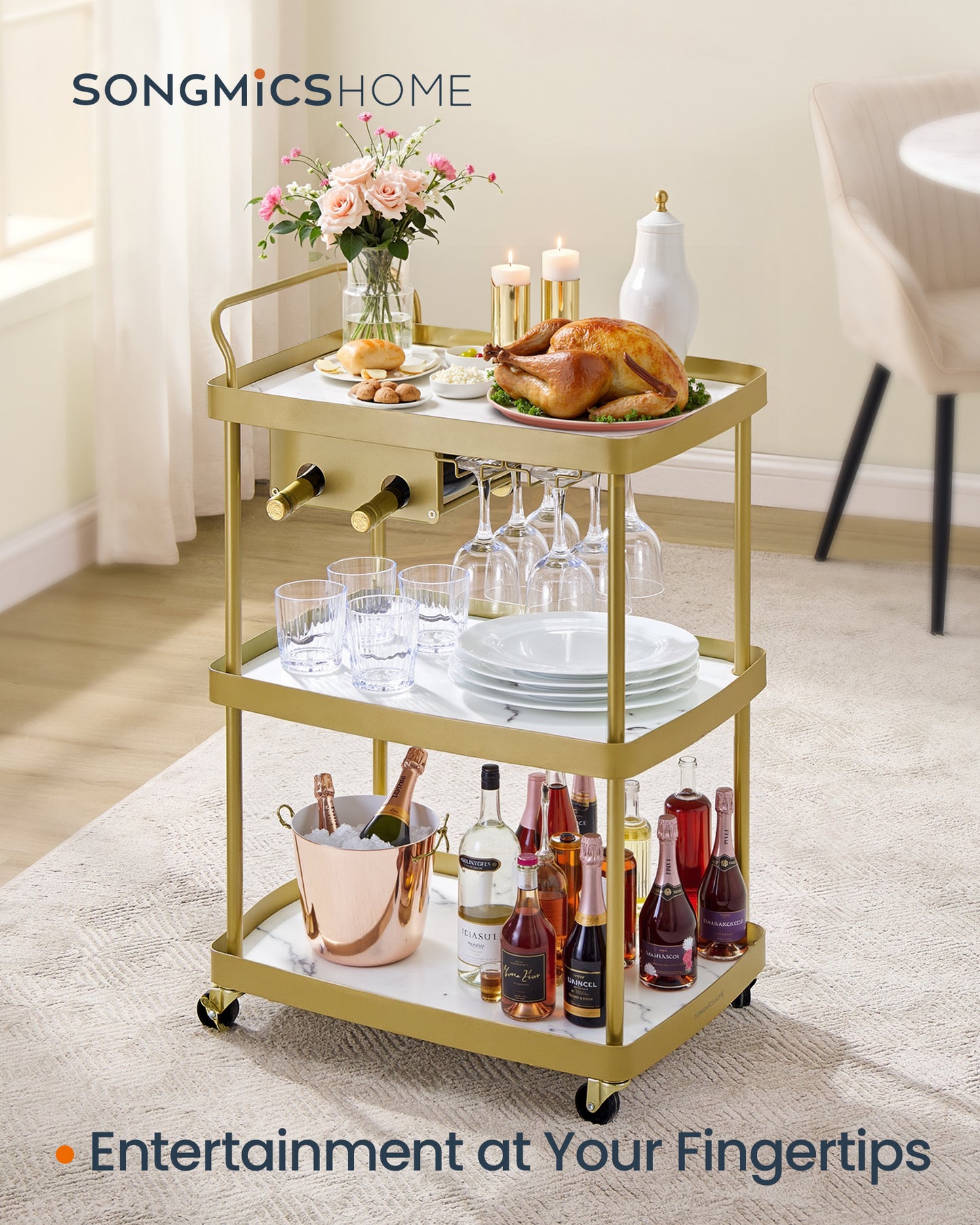 Elegant 3-Tier HOME Bar Cart with Wine Rack & Glass Holder, Mobile Beverage Serving Cart for Kitchen, Marble White and Pale Gold