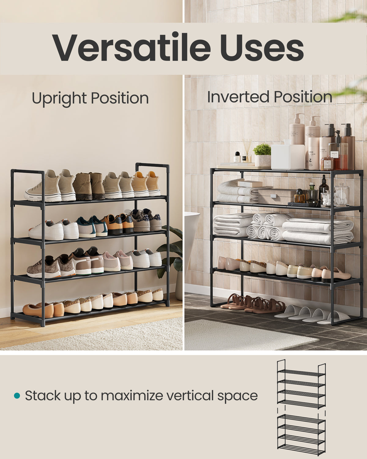 SONGMICS Shoe Rack, 4 Tier Shoe Organizer, Metal Shoe Storage Shelf for 20 Pairs of Shoes, Easy to Assemble, Entryway, Black