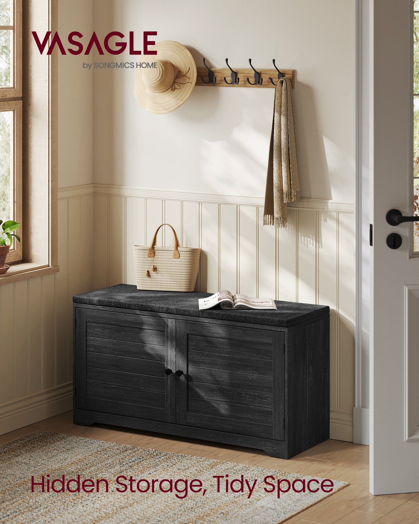 3-Tier Shoe Storage Bench with Cushion, 39.8 Inch Entryway Seat with Adjustable Shelves and Doors, Charcoal Gray