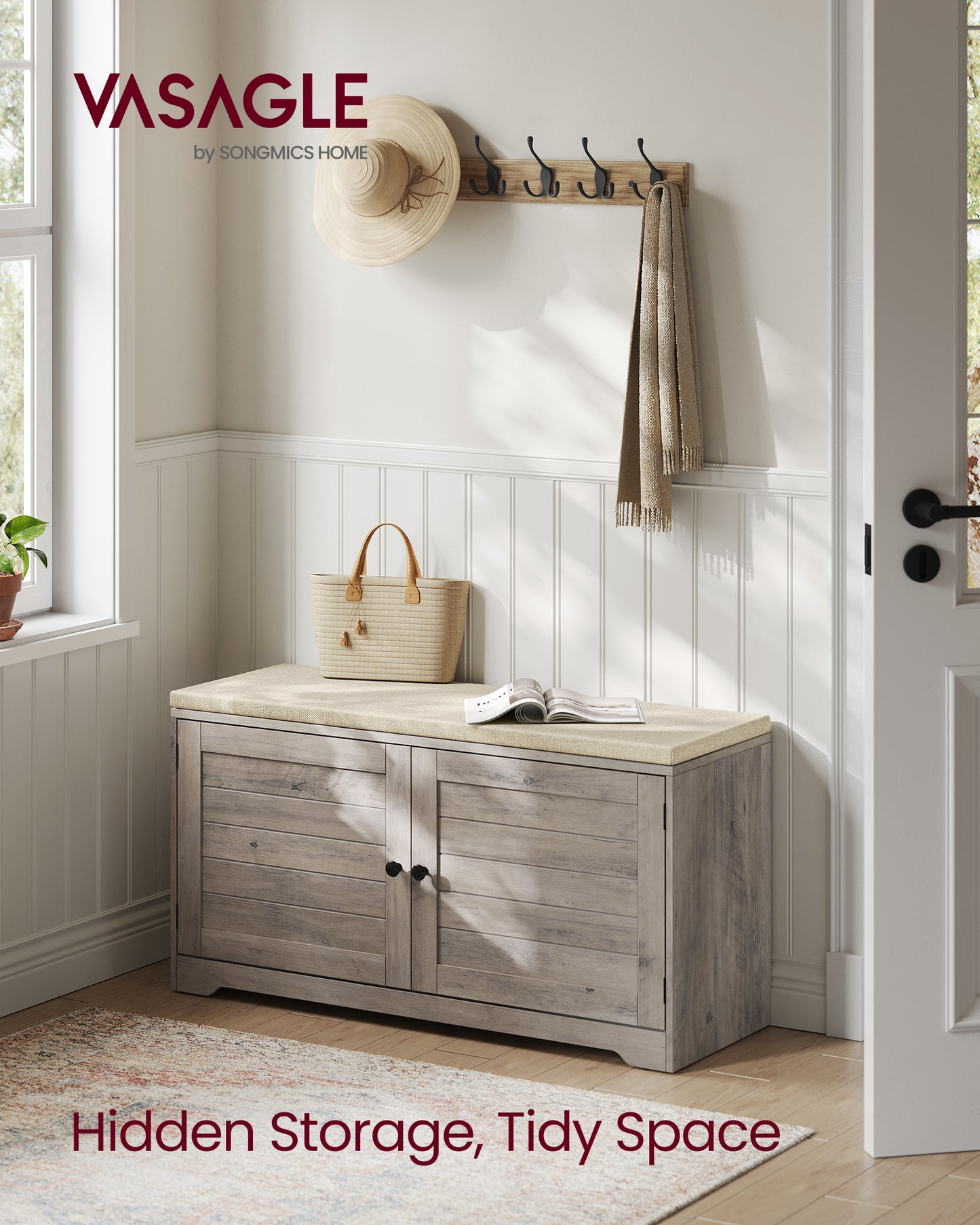 3-Tier Shoe Storage Bench with Cushion, 39.8 Inch Entryway Seat with Adjustable Shelves and Doors, Heather Greige