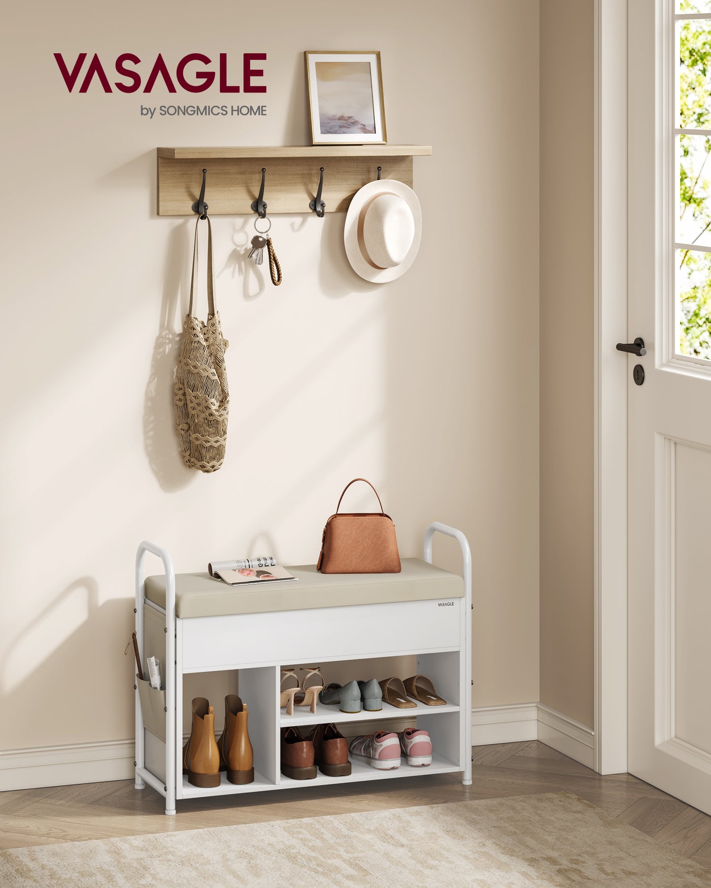 Entryway Shoe Bench, Cloud White & Cappuccino Beige, Storage Lid, PU Pockets, Handles, for Living Room, Bedroom, Hallway.