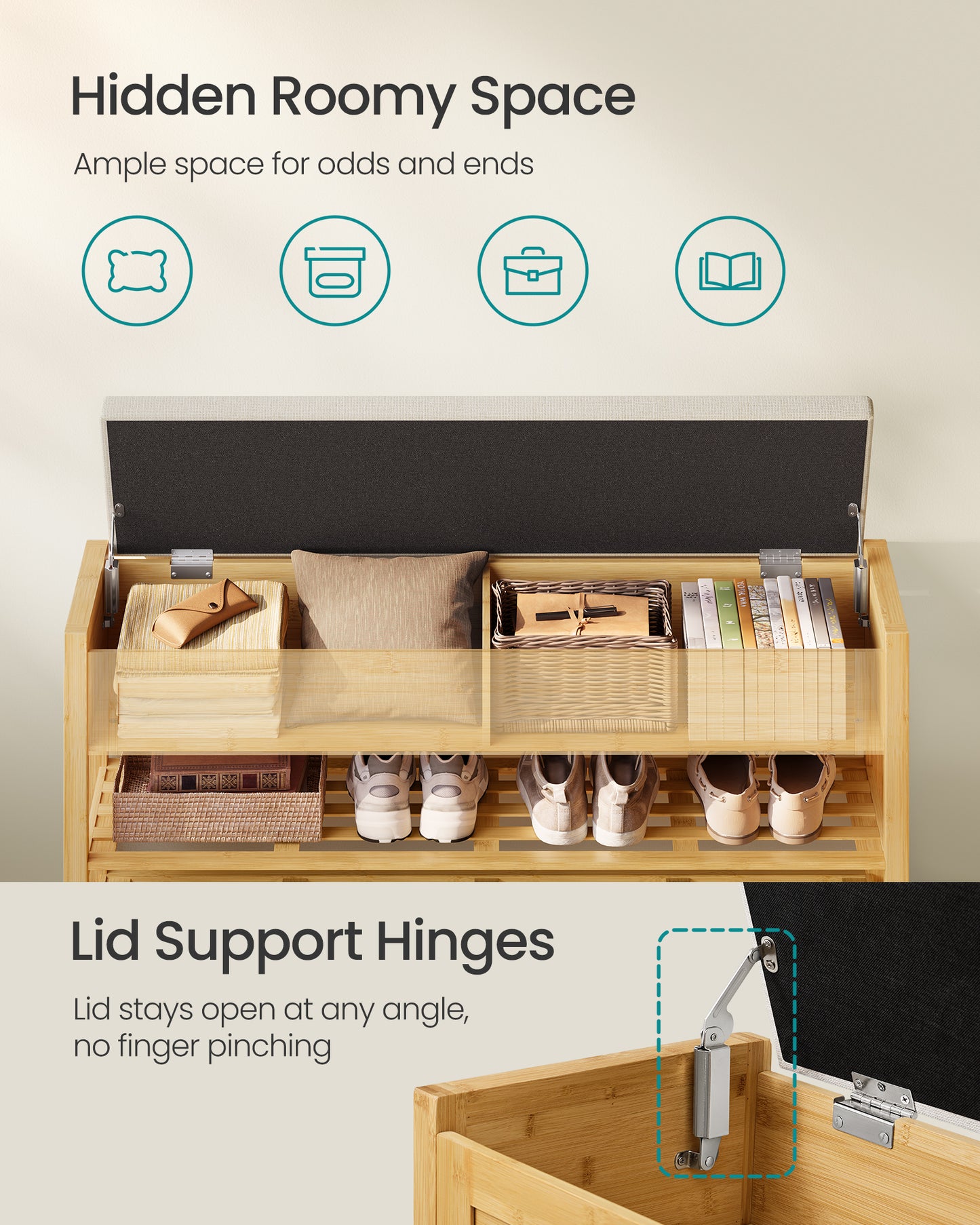 Bamboo Shoe Rack, Entryway Furniture, 31.5 Inces Wide, Hidden Storage Compartments, 2-Tier Shoe Shelves, for Entryway, Living Room, Bedroom, Dorm, Natural Beige