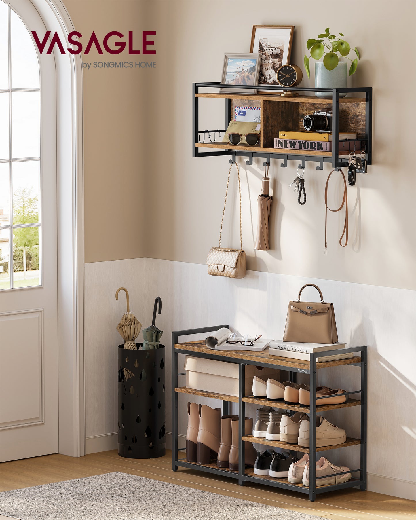 Multifunctional Hall Tree with Shoe Bench, 12 Metal Hooks & 4-Tier Shoe Rack, Rustic Brown