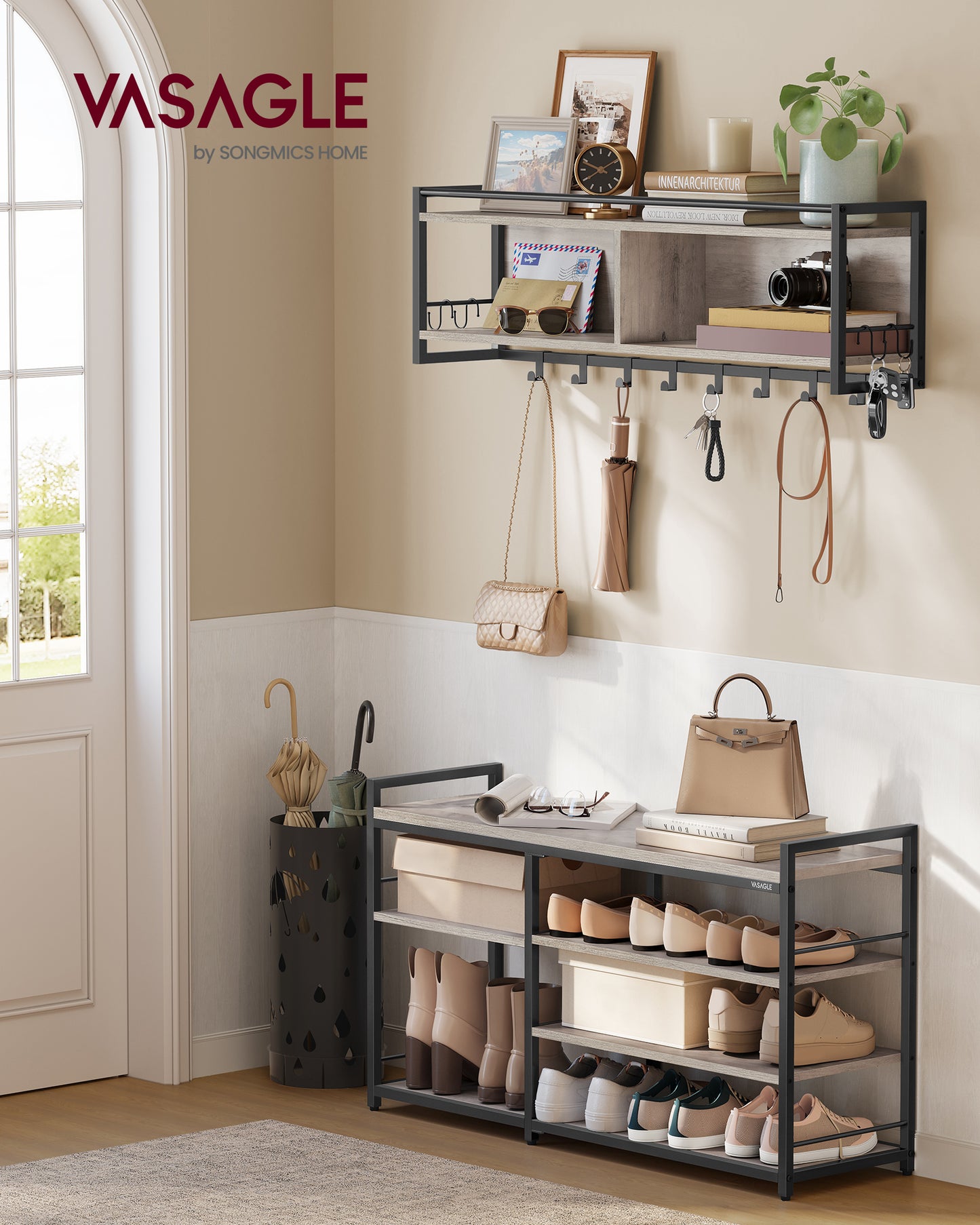 Hall Tree with Shoe Bench, Coat Rack Shoe Bench Set, Entryway Furniture, Multifunctional, 12 Metal Hooks, 4-Tier Shoe Rack, for Entryway, Bedroom
