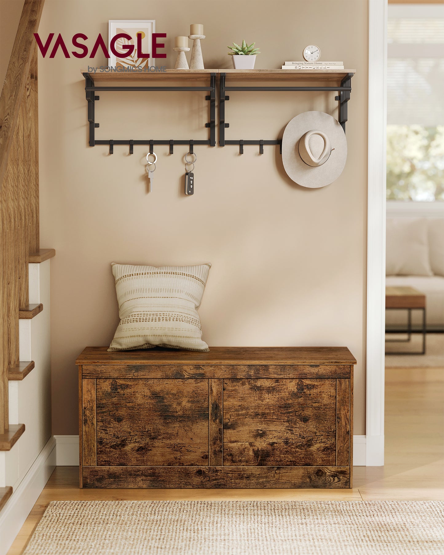 Farmhouse Storage Chest, 15.7" x 39.4" x 18.3", Rustic Brown, Shoe Bench with Safety Hinges, for Entryway, Bedroom, Living Room.