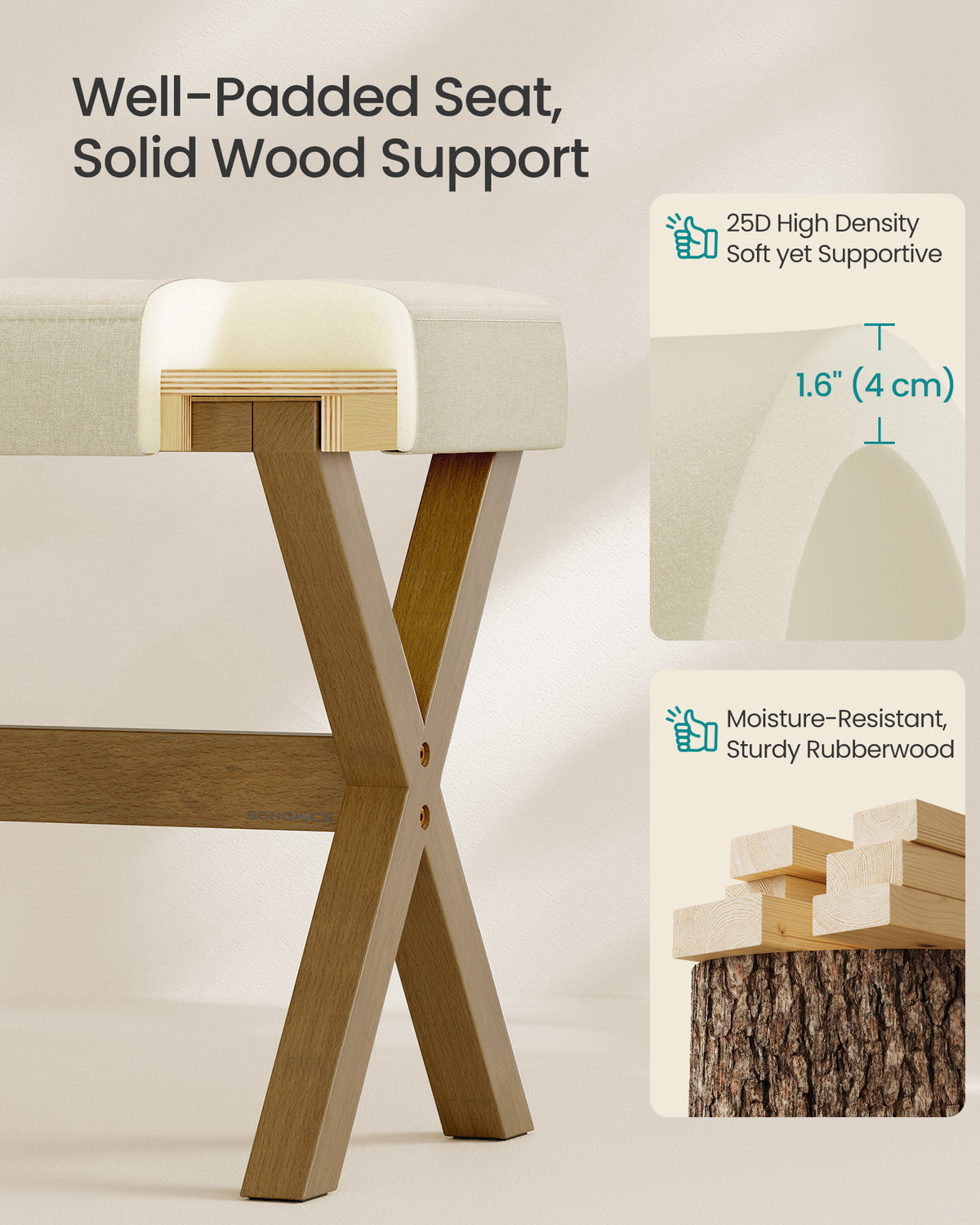SONGMICS Makeup Stool, Padded Vanity Stool, Foot Rest, Solid Wood X Legs, for Bedroom, Closet, Entryway, 12.6 x 16.5 x 18.1 Inches, Summer Sand and Brown