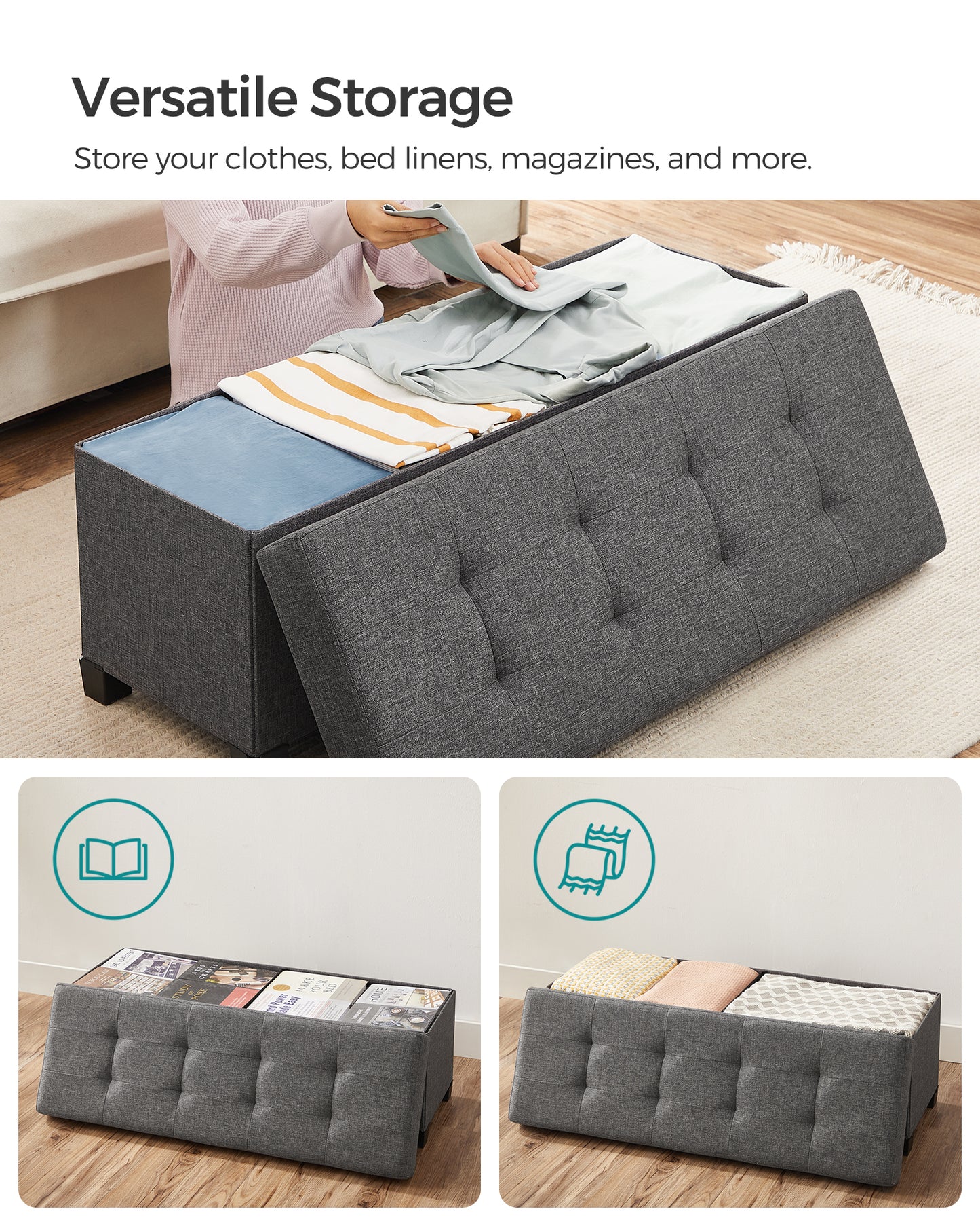 Storage Ottoman Bench, Foldable Foot Rest with Legs, End of Bed Bench, Storage Chest, Load up to 660 lb Entryway Dark Gray