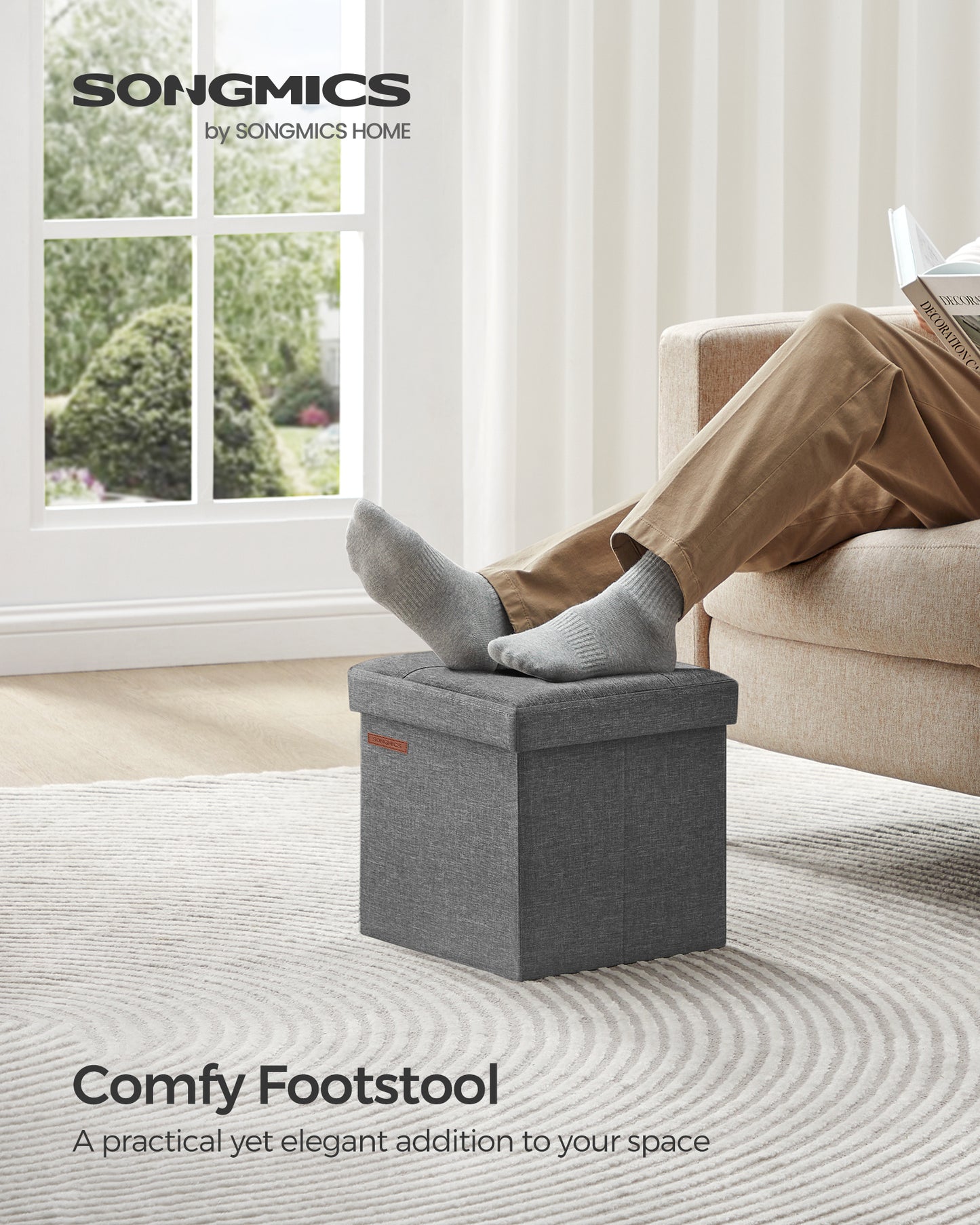 SONGMICS 11.8" Storage Ottoman Folding Storage Footrest Ottoman Cube for Bedroom Living Room Dark Gray