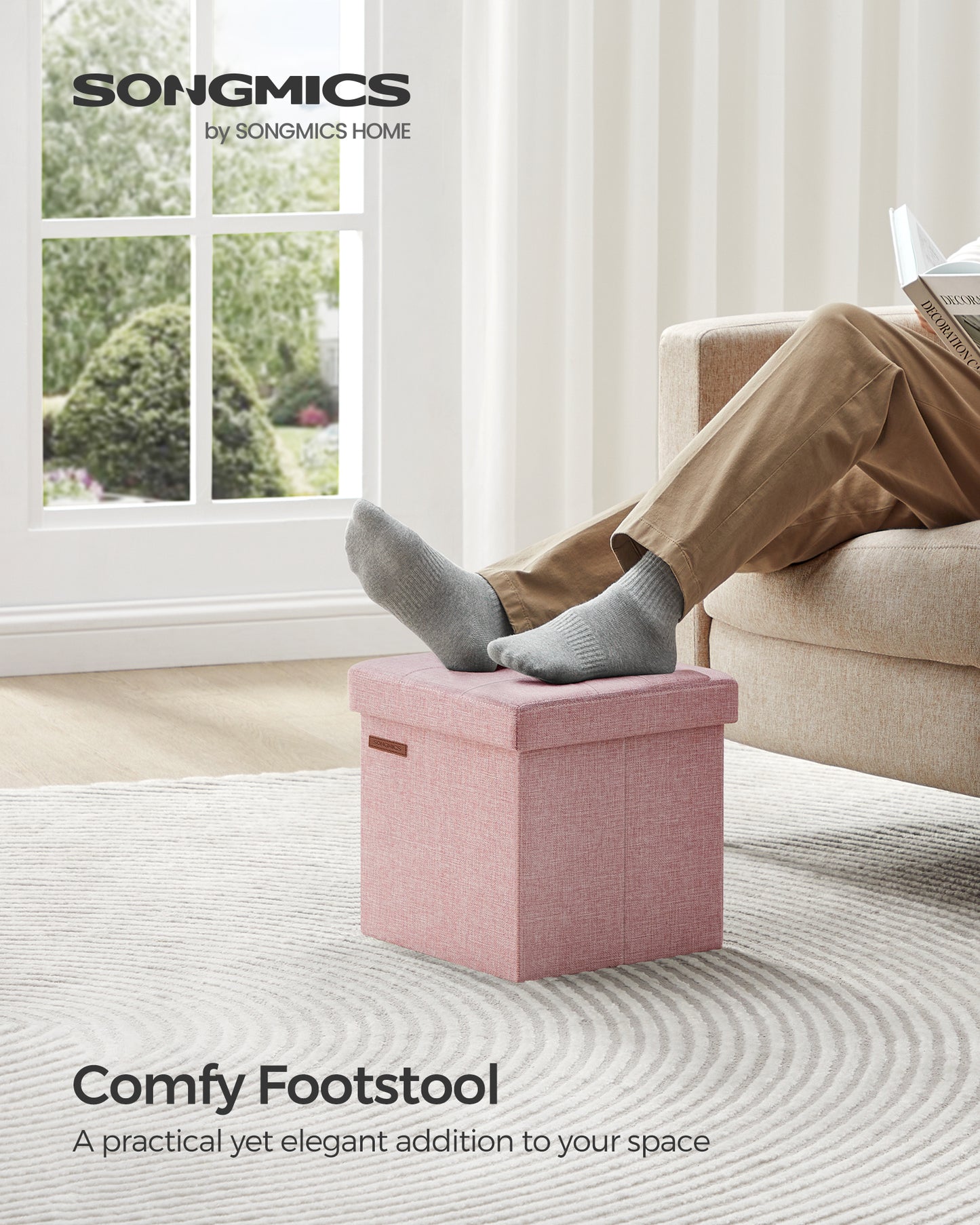 SONGMICS Foldable Storage Ottoman Foot Rest, 11.8 Inch Small Cube Stool with Hidden Storage, Supports 286 lbs, Lightweight & Portable, Jelly Pink