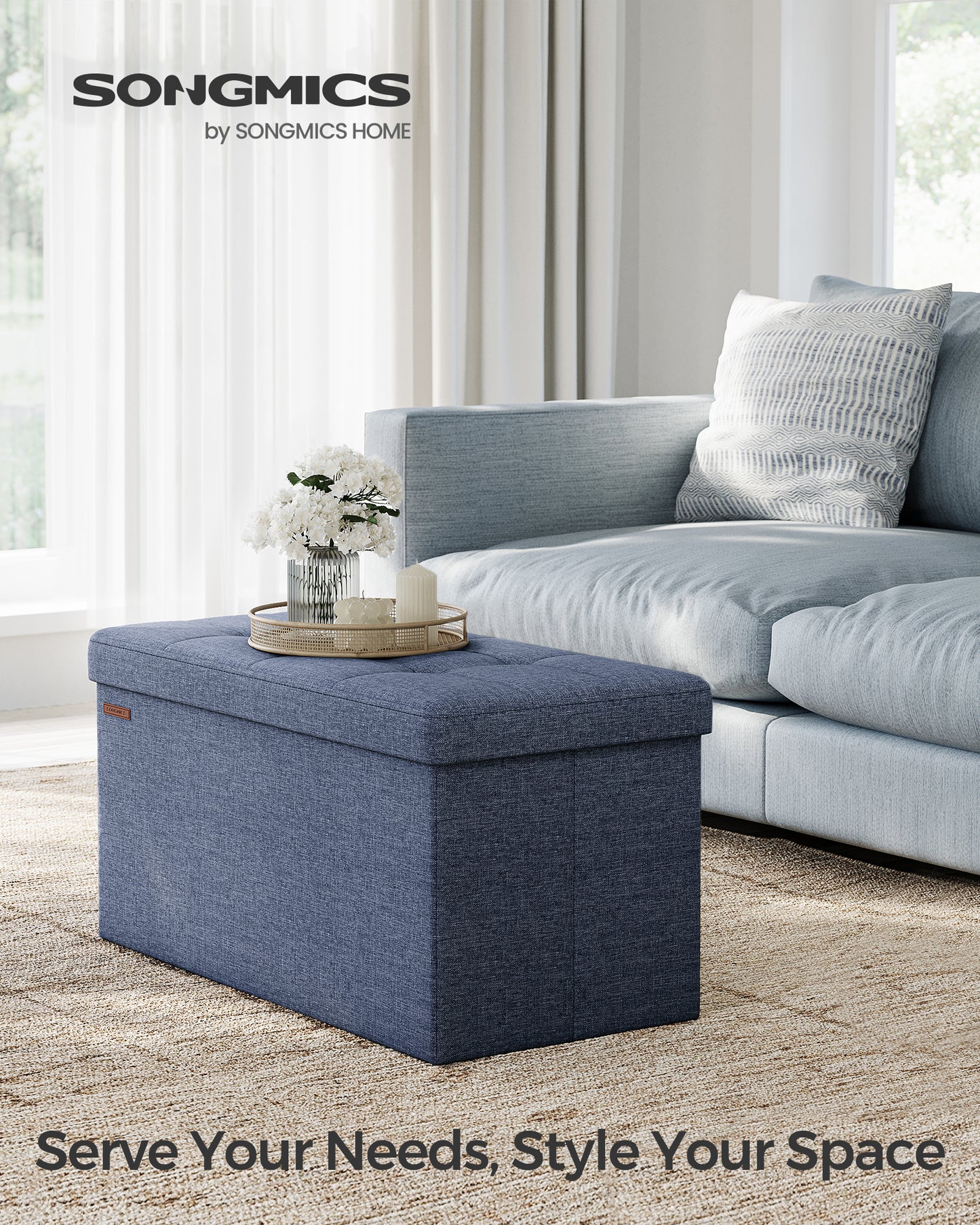 SONGMICS Storage Ottoman Bench, 15 x 30 x 15 Inches, Ottoman with Storage, End of Bed Bench, for Living Room, Bedroom, Misty Blue