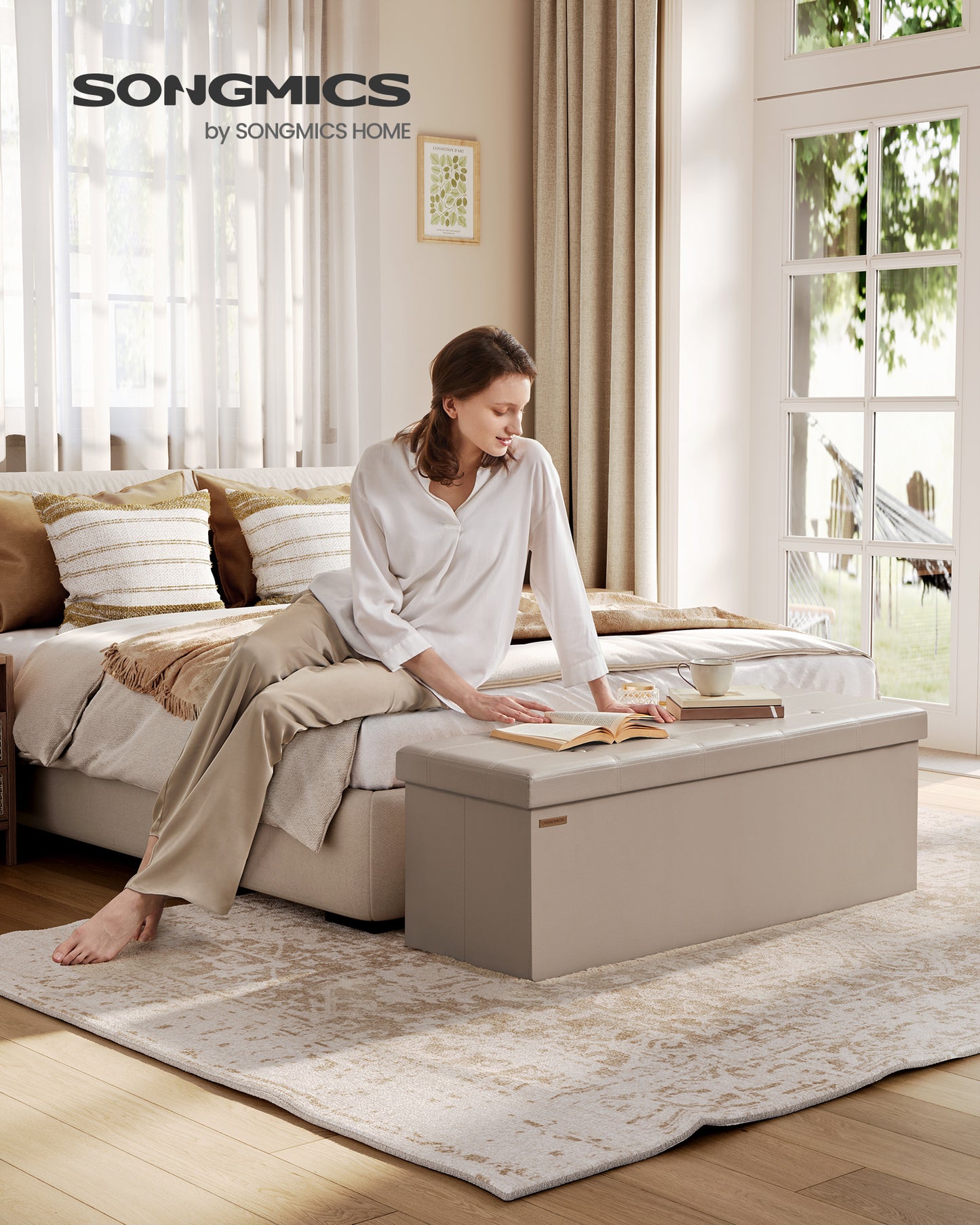 SONGMICS Mazie Collection - 43 Inches Folding Storage Ottoman Bench, Synthetic Leather, Heavy - Duty up to 660 lb Load, Multifunctional, Camel Brown