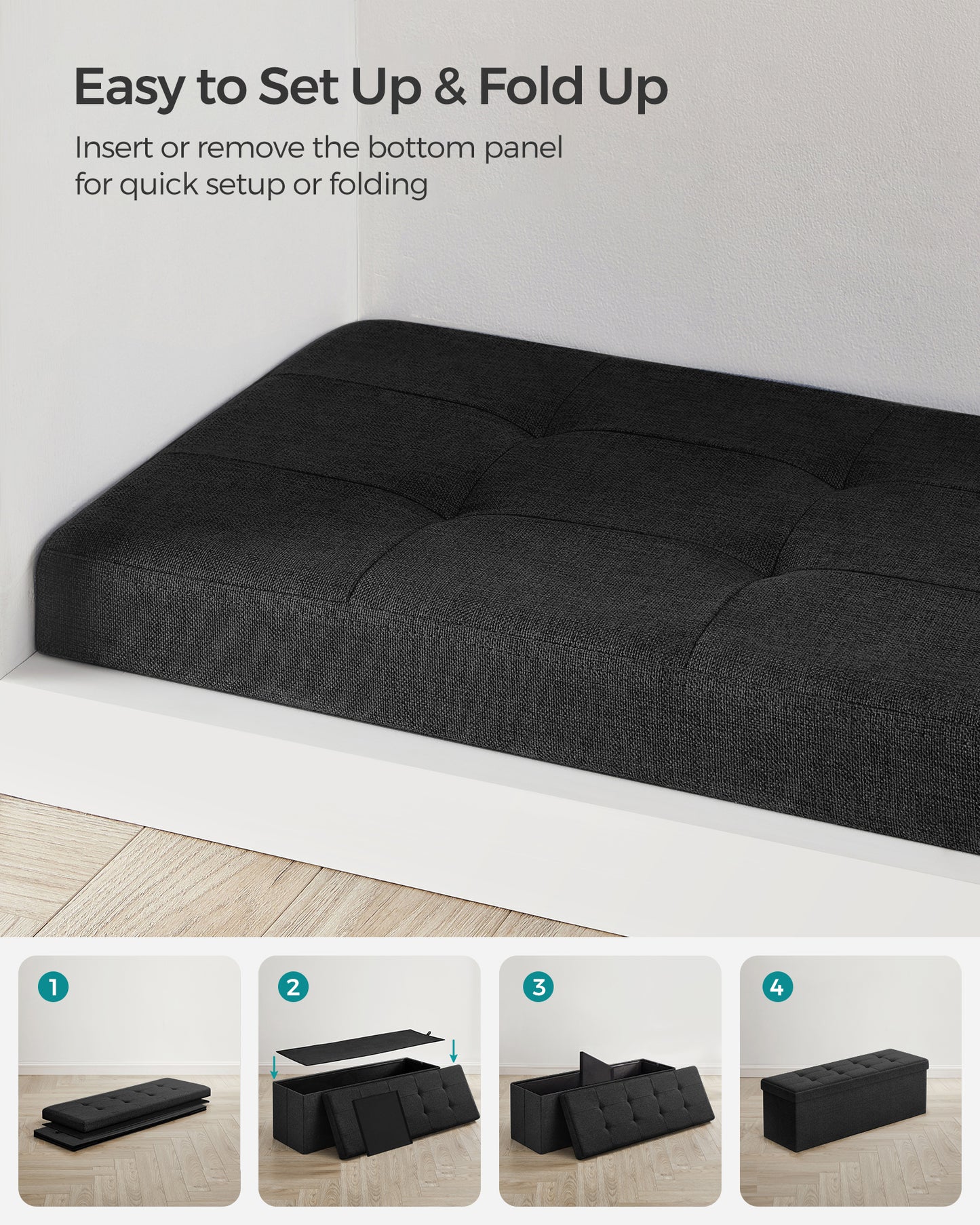 SONGMICS 43" Storage Ottoman Bench Hold up to 660lb Ottoman with Storage Footstool Bedroom Bench with Storage Black