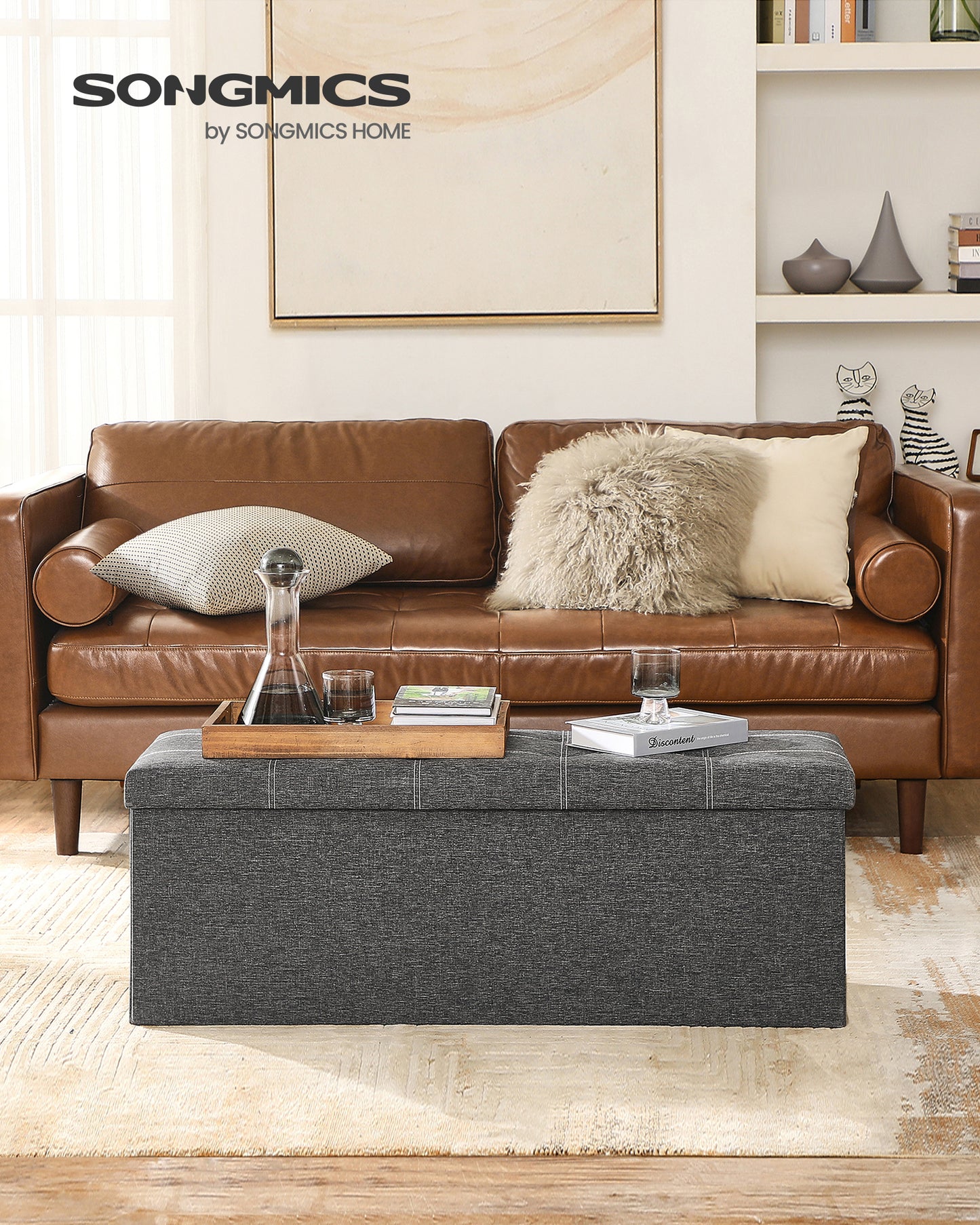 SONGMICS 43" Folding Storage Ottoman Bench, Ottoman with Storage, End of Bed Bench, Hold up to 660lbs, Dark Gray
